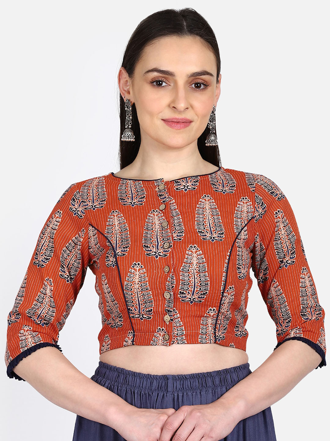 

THE WEAVE TRAVELLER Women Orange & Black Printed Ajrakh Sustainable Saree Blouse