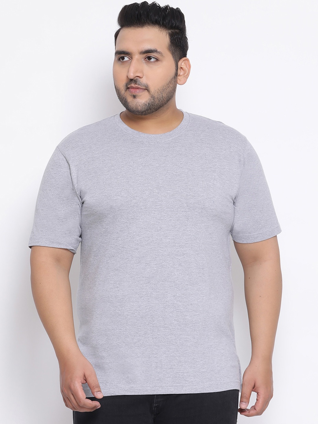 

YOLOCLAN Plus Size Men Grey Solid Round Neck T-shirt