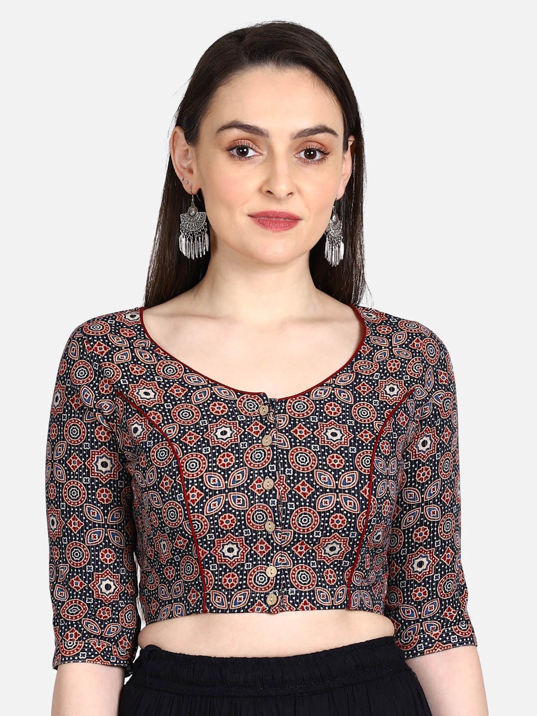 

THE WEAVE TRAVELLER Women Black & Red Printed Ajrakh Sustainable Saree Blouse