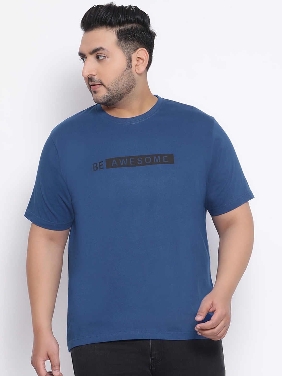 

YOLOCLAN Plus Size Men Blue Solid Round Neck T-shirt