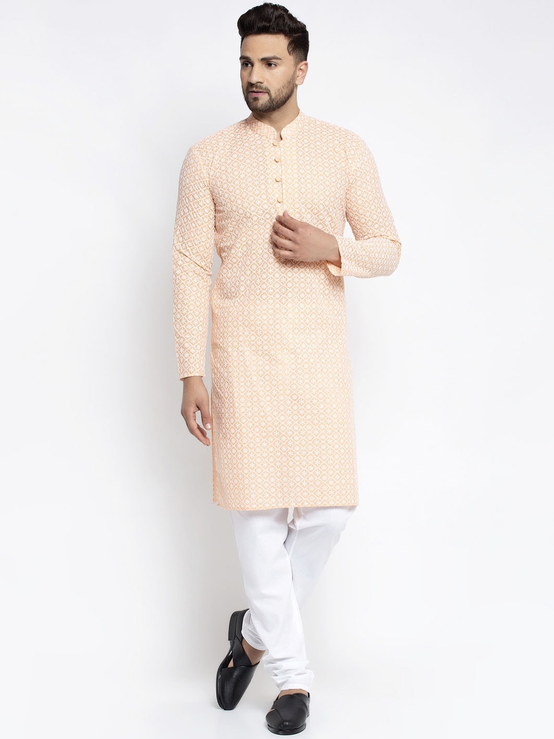 

Jompers Men Peach-Coloured Woven Design Kurta with Churidar