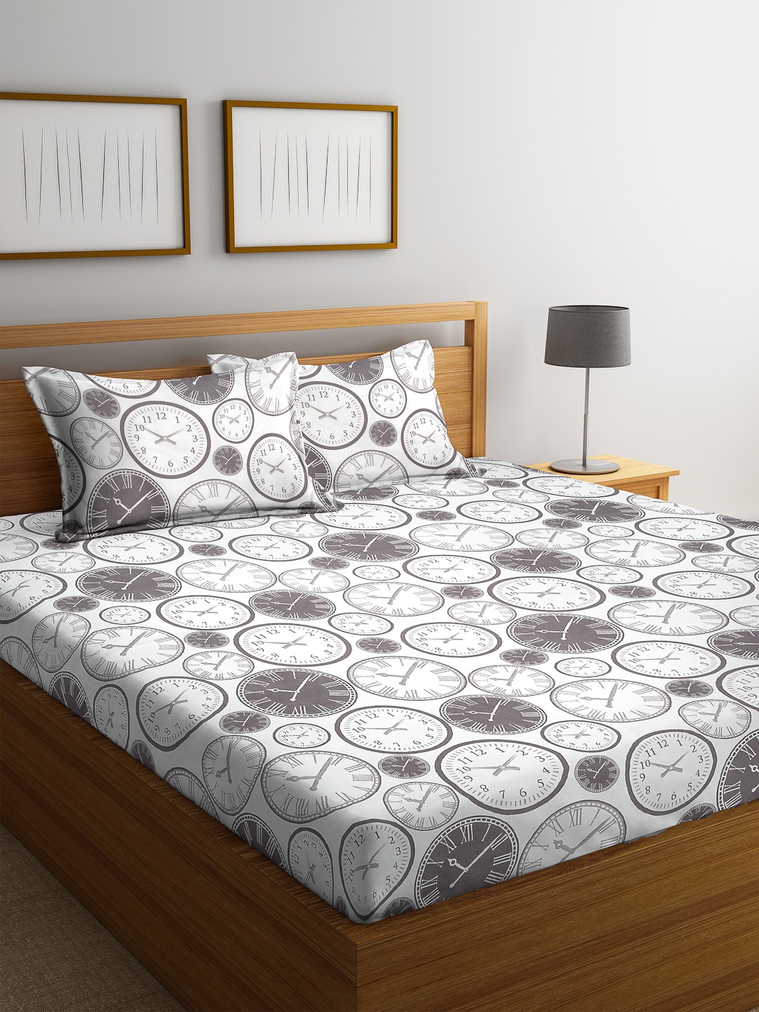 

Home Sizzler Off-White & Grey Graphic 144 TC Polyester 1 Queen Bedsheet with 2 Pillow Covers