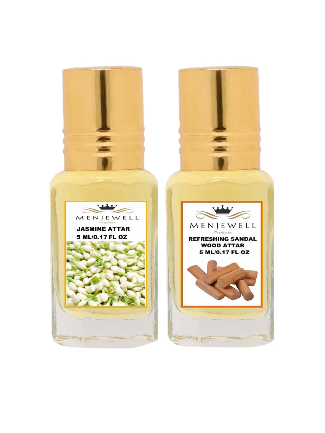 

Menjewell Unisex Jasmine & Refreshing Sandalwood Attar 5 ml Each Pack of 2, Yellow