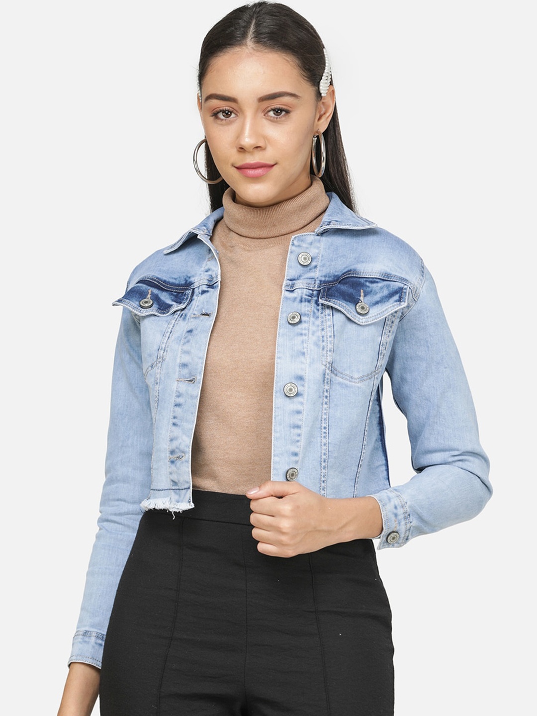 

DECHEN Women Blue Solid Denim Jacket