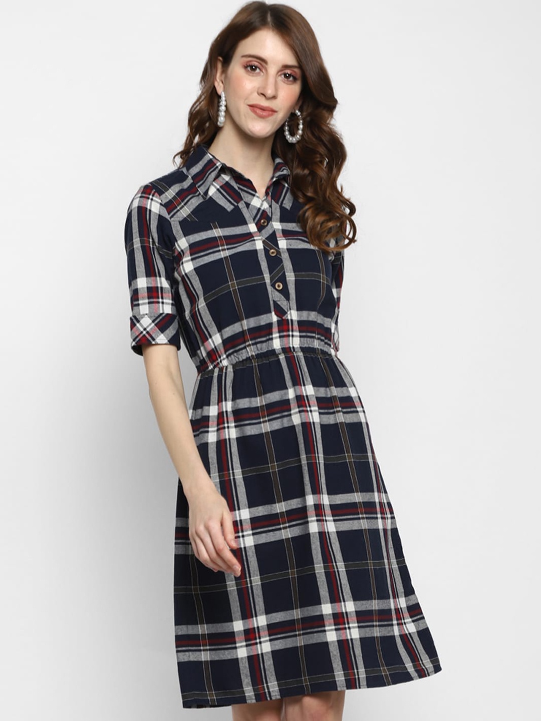 

Taurus Women Blue Checked Shirt Dress