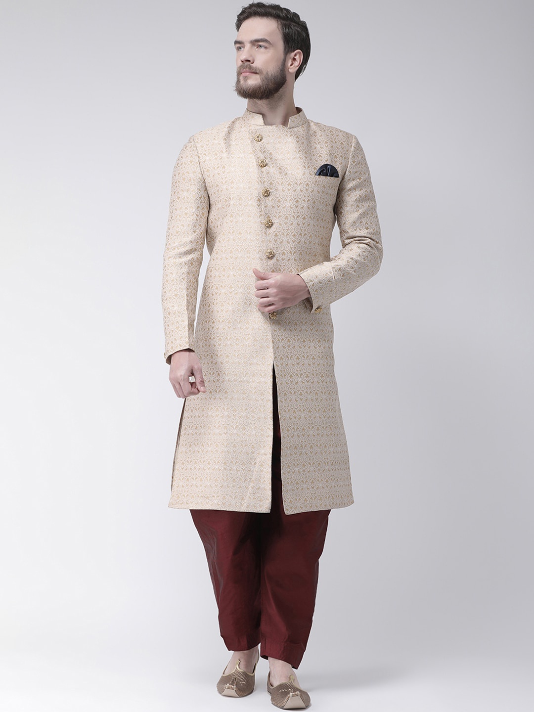 

Hangup Men Gold-Coloured & Maroon Woven Design Sherwani Set