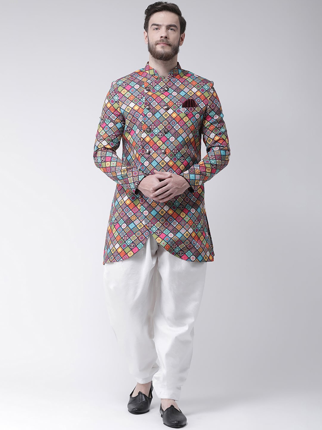 

Hangup Men Pink & Blue Printed Sherwani Set