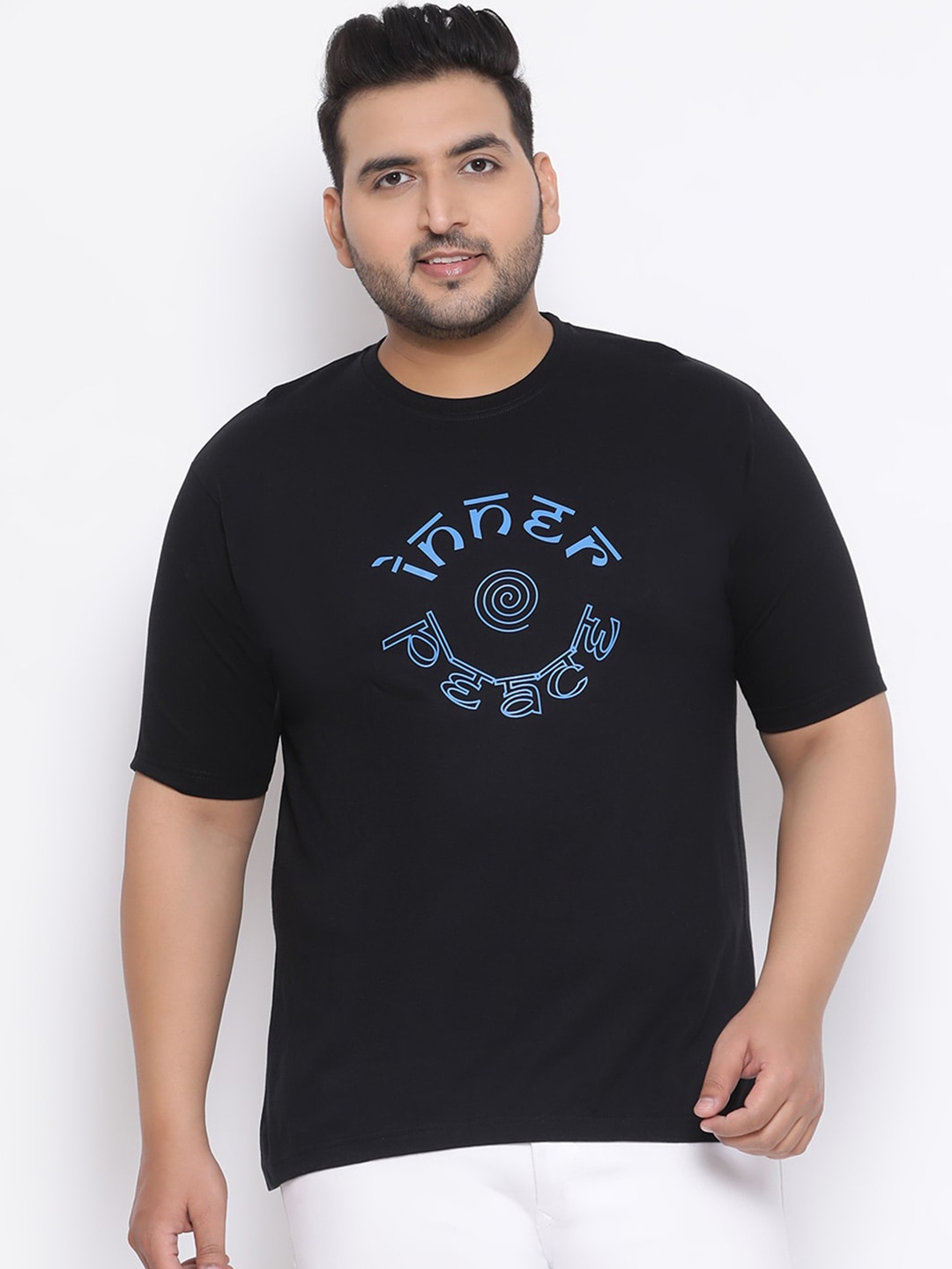 

YOLOCLAN Plus Size Men Black Printed Round Neck T-shirt
