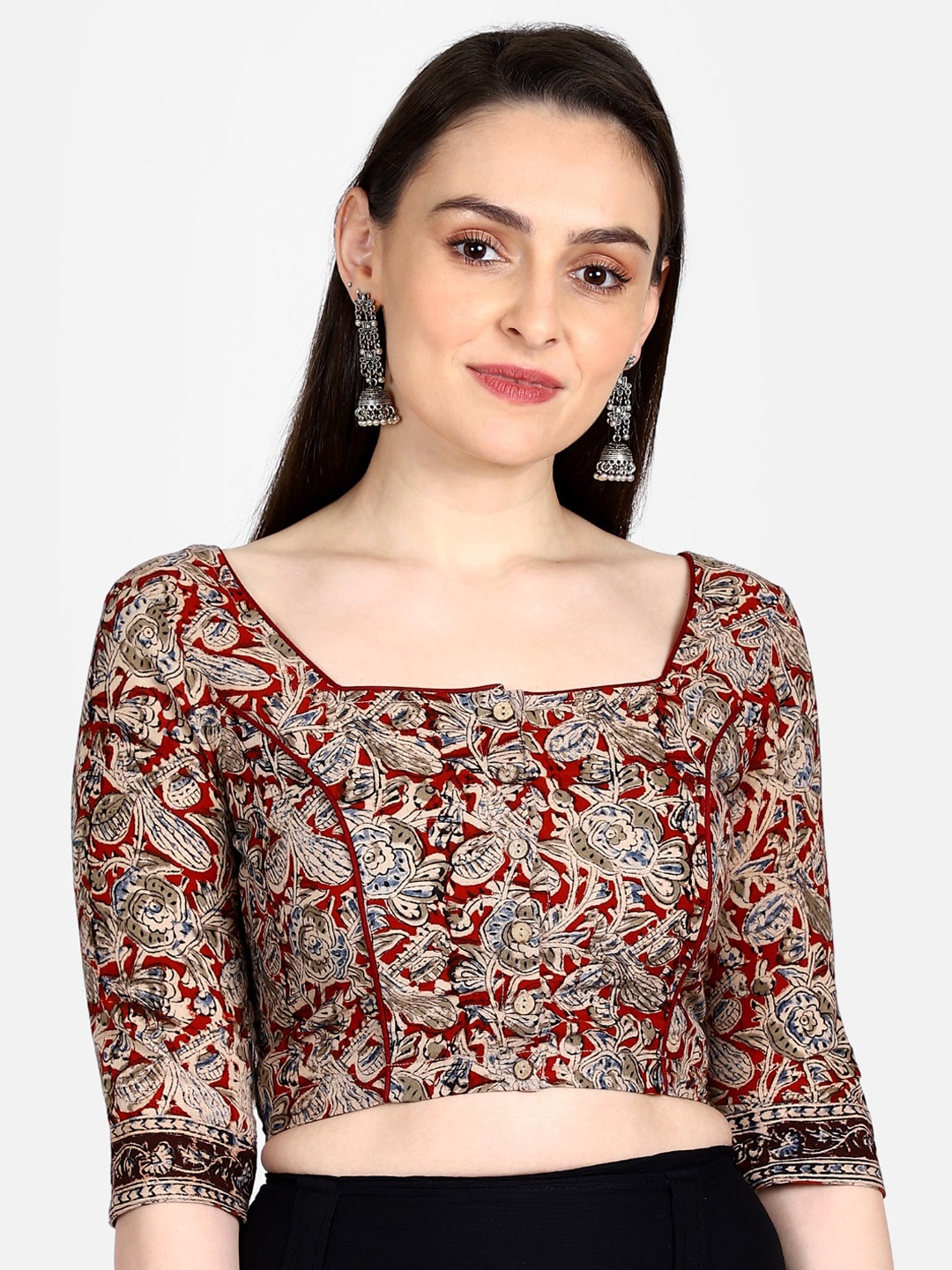 

THE WEAVE TRAVELLER Women Maroon & Beige Printed Kalamkari Sustainable Saree Blouse