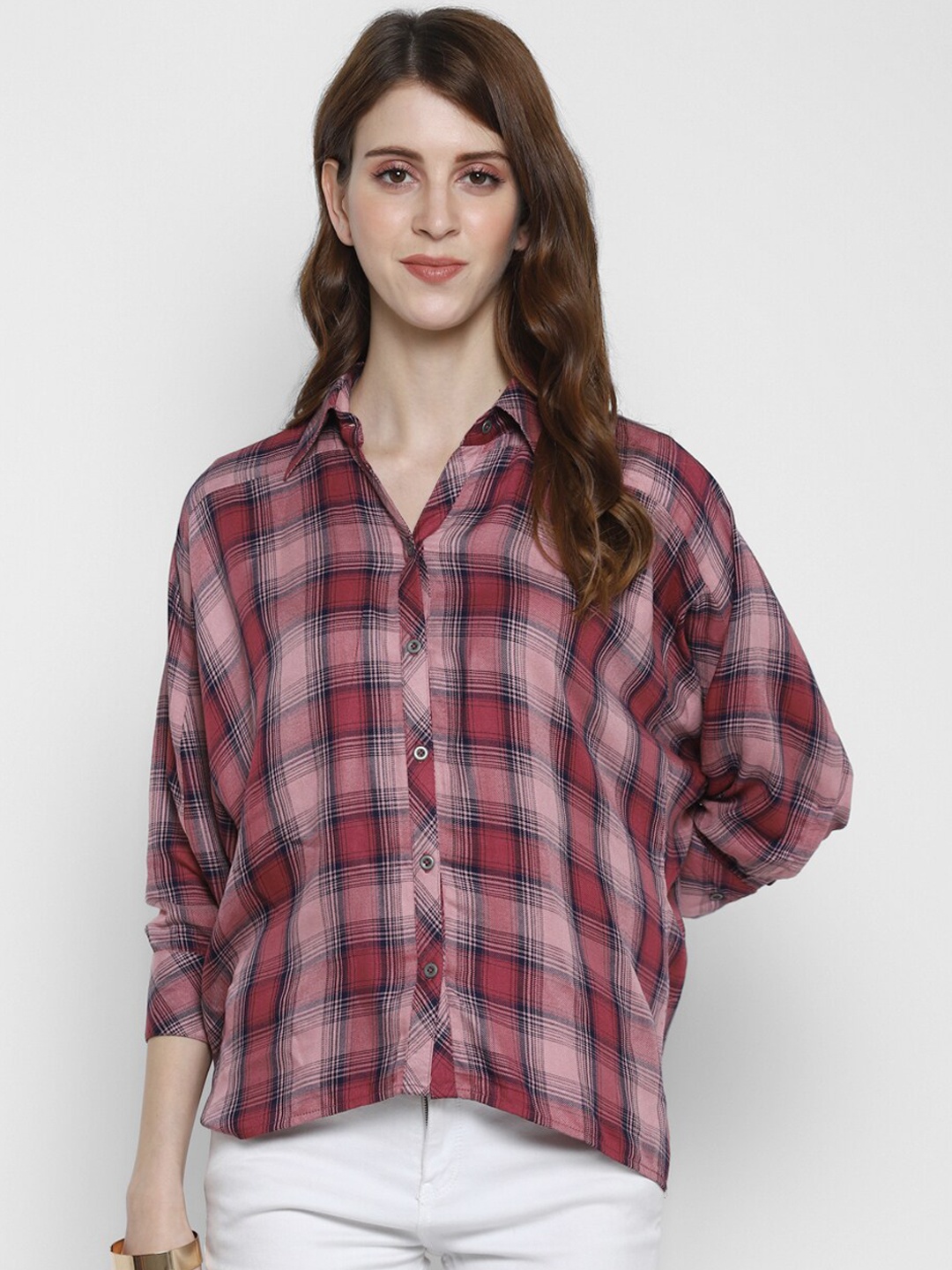 

Taurus Women Pink & Red Regular Fit Checked Casual Shirt
