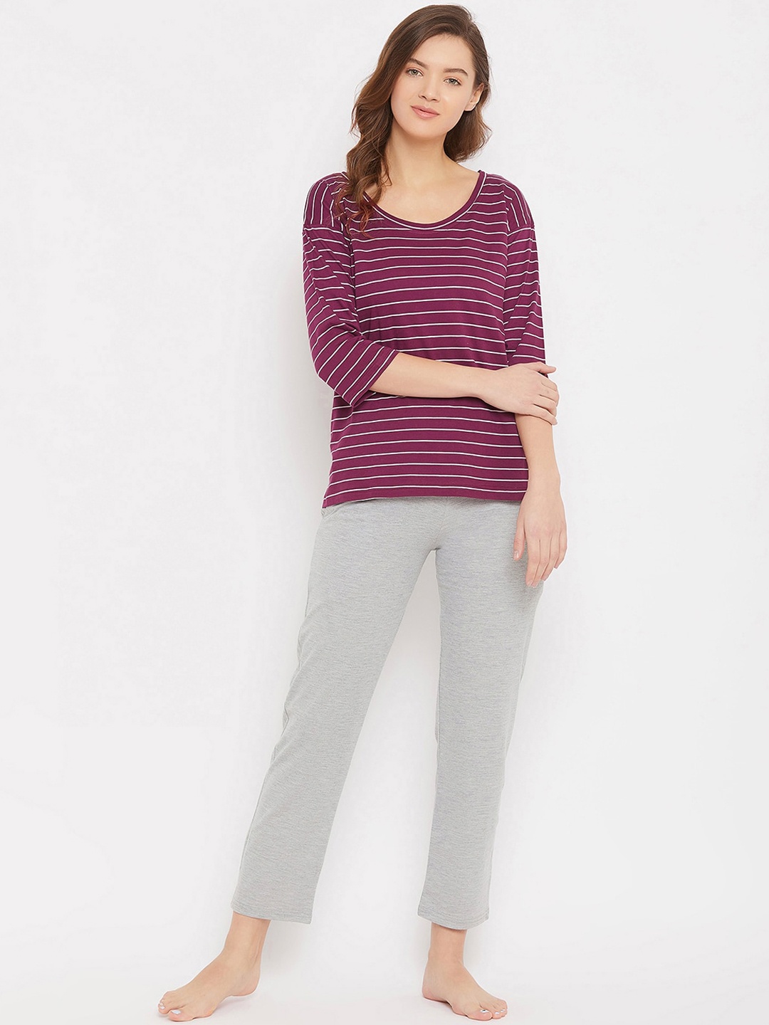 

Clovia Women Purple & Grey Striped Night Suit