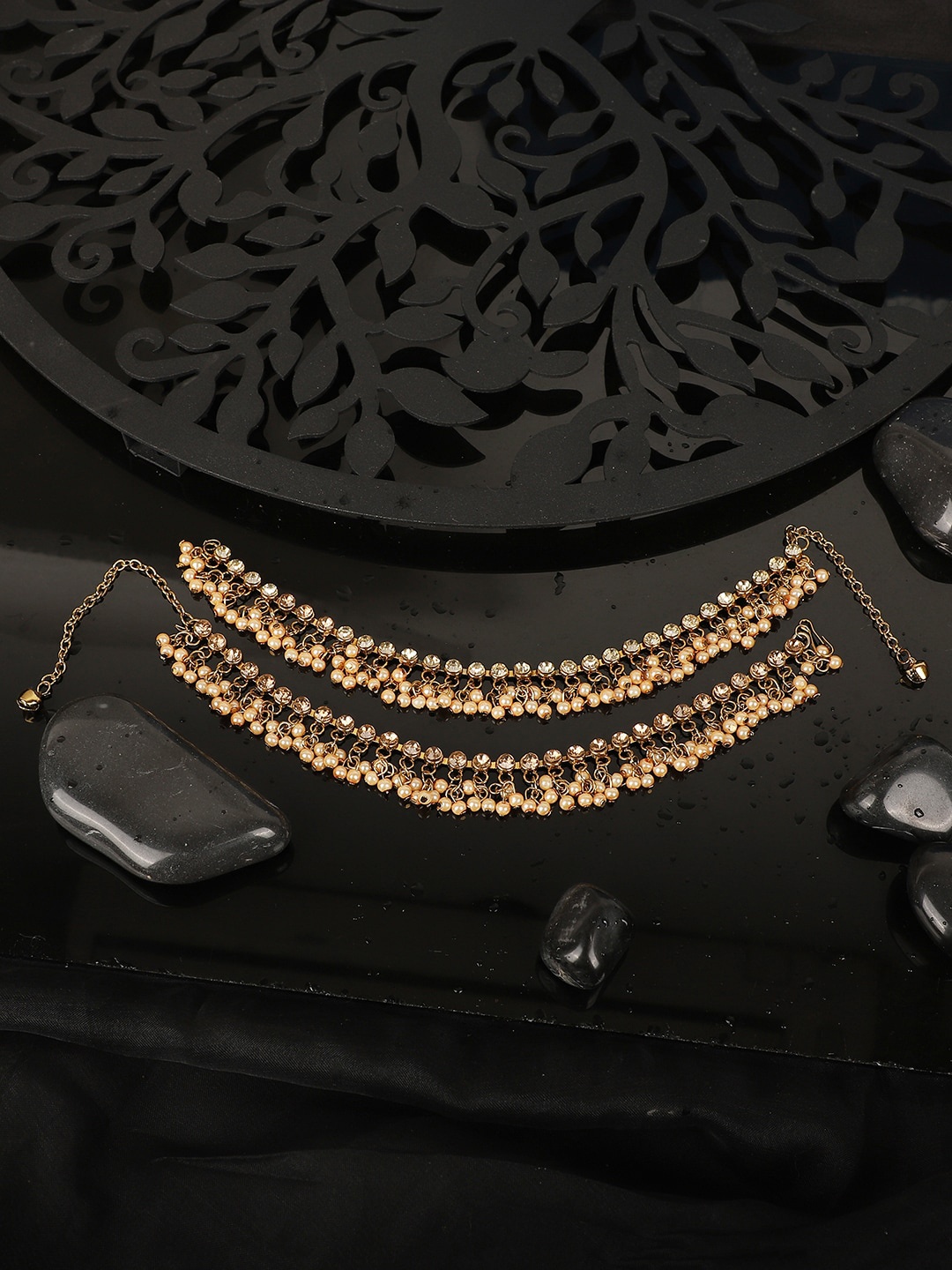 

Set Of 2 18K Gold-Plated & Beige Stone Studded Handcrafted Anklets