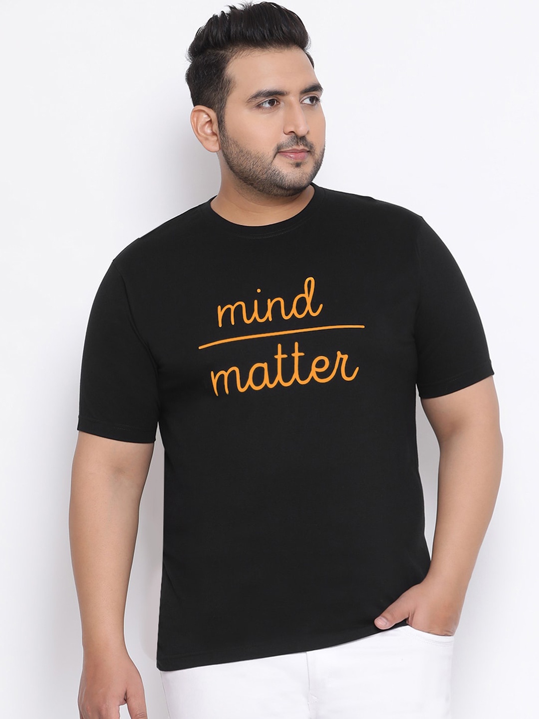 YOLOCLAN Plus Size Men Black Printed Round Neck T-shirt
