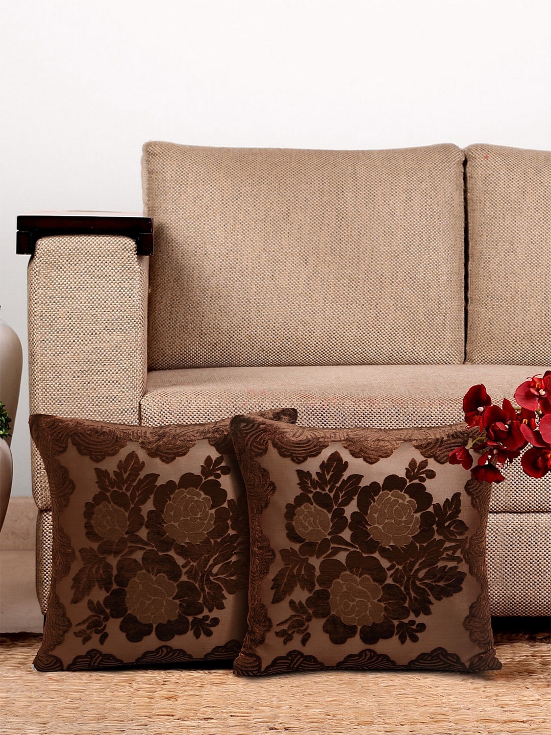 

HOSTA HOMES Set of 2 Brown Embroidered Square Velvet Cushion Covers