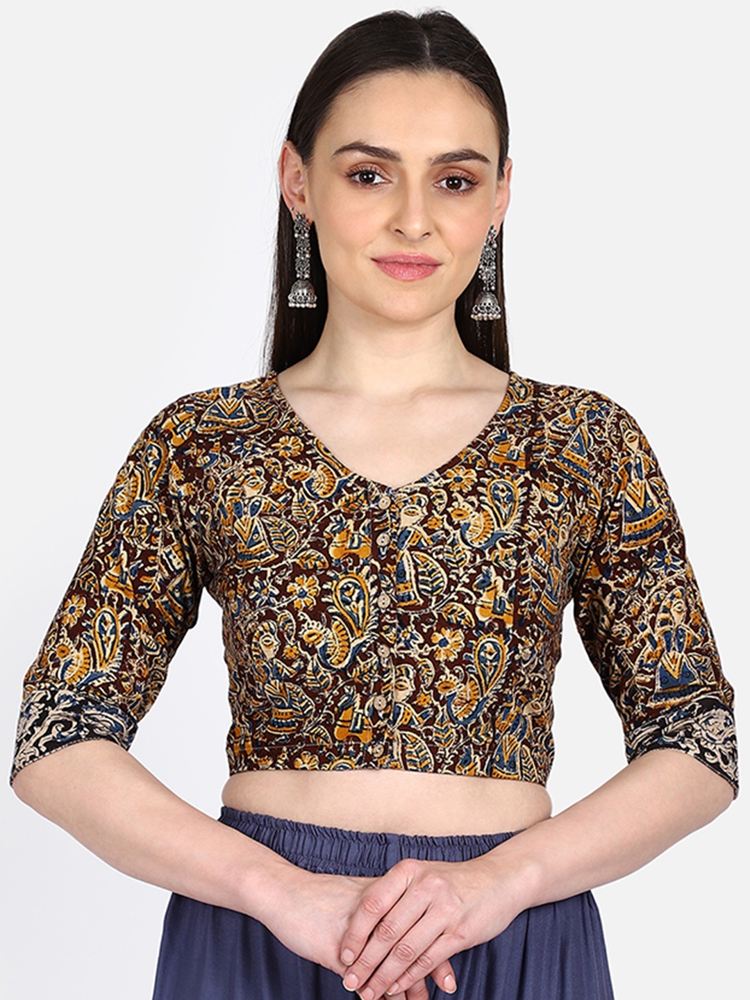 

THE WEAVE TRAVELLER Women Brown & Blue Printed Kalamkari Sustainable Saree Blouse