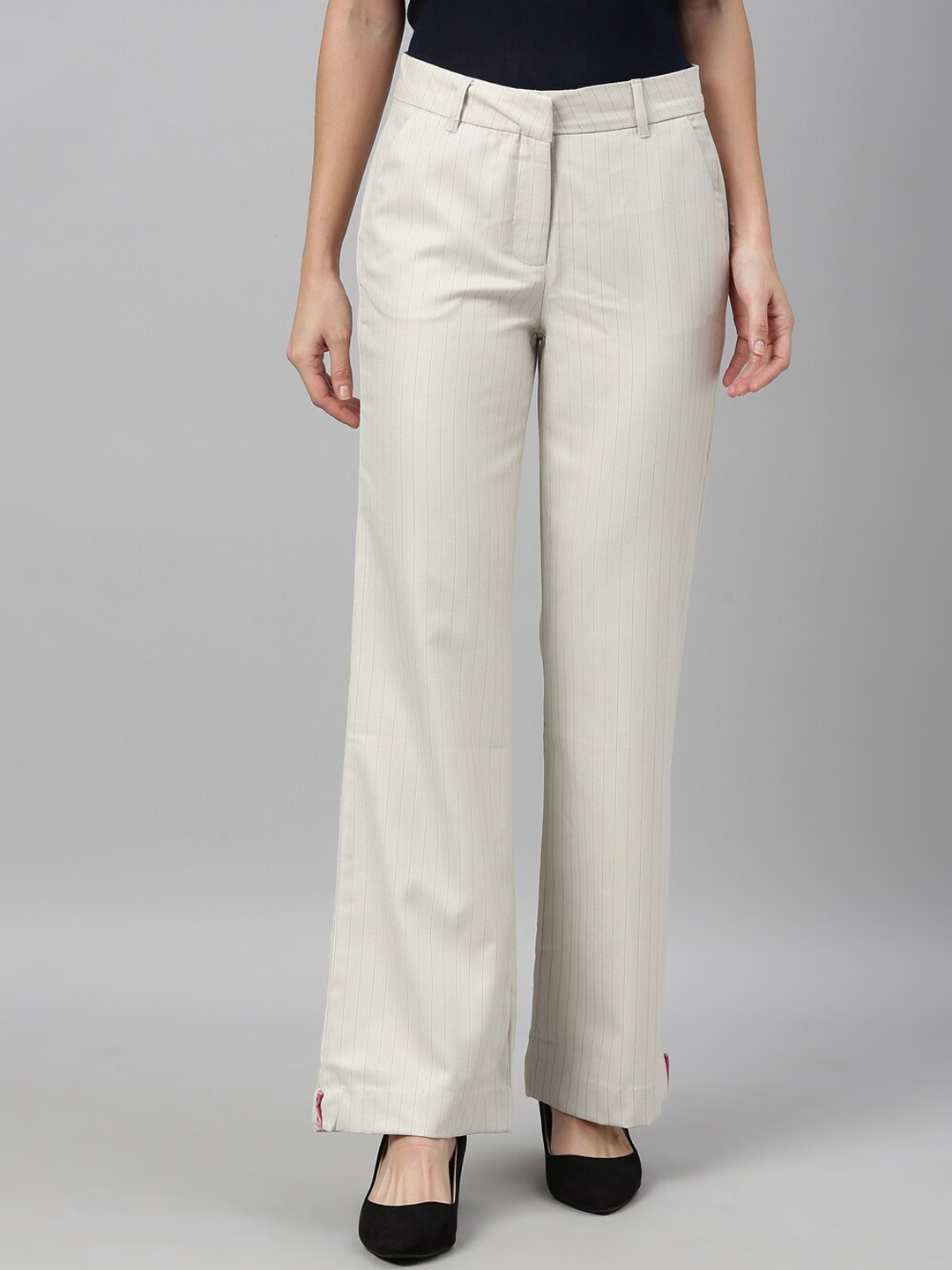 

RAREISM Women Cream-Coloured Slim Fit Striped Parallel Trousers