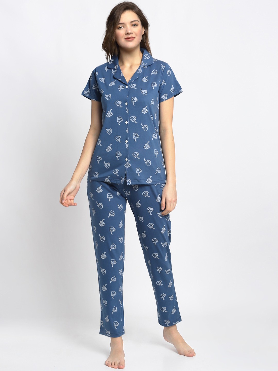 

Boston Club Women Blue & White Printed Night suit