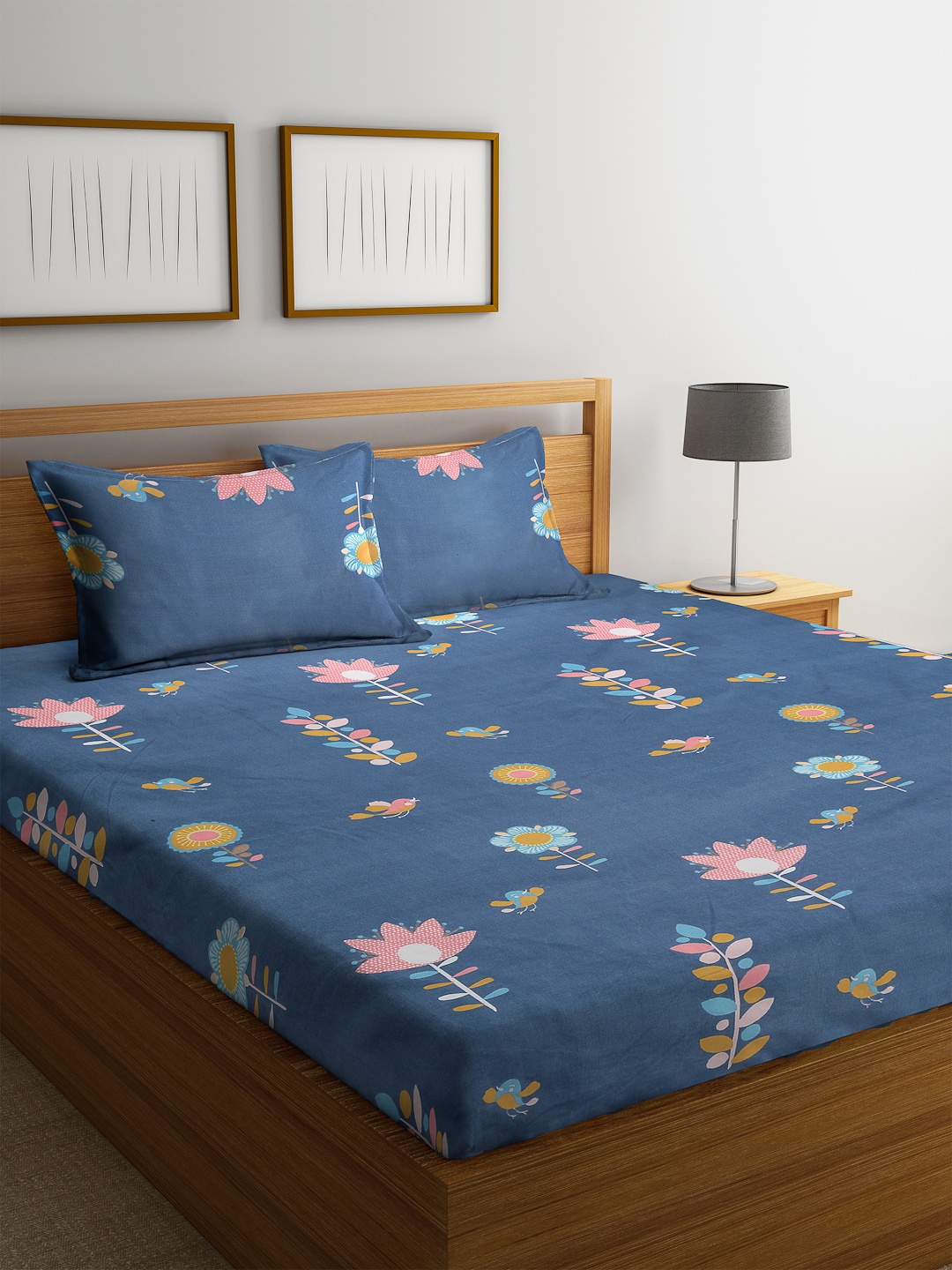 Home Sizzler Blue & Pink Floral 144 TC Polyester 1 Queen Bedsheet with 2 Pillow Covers
