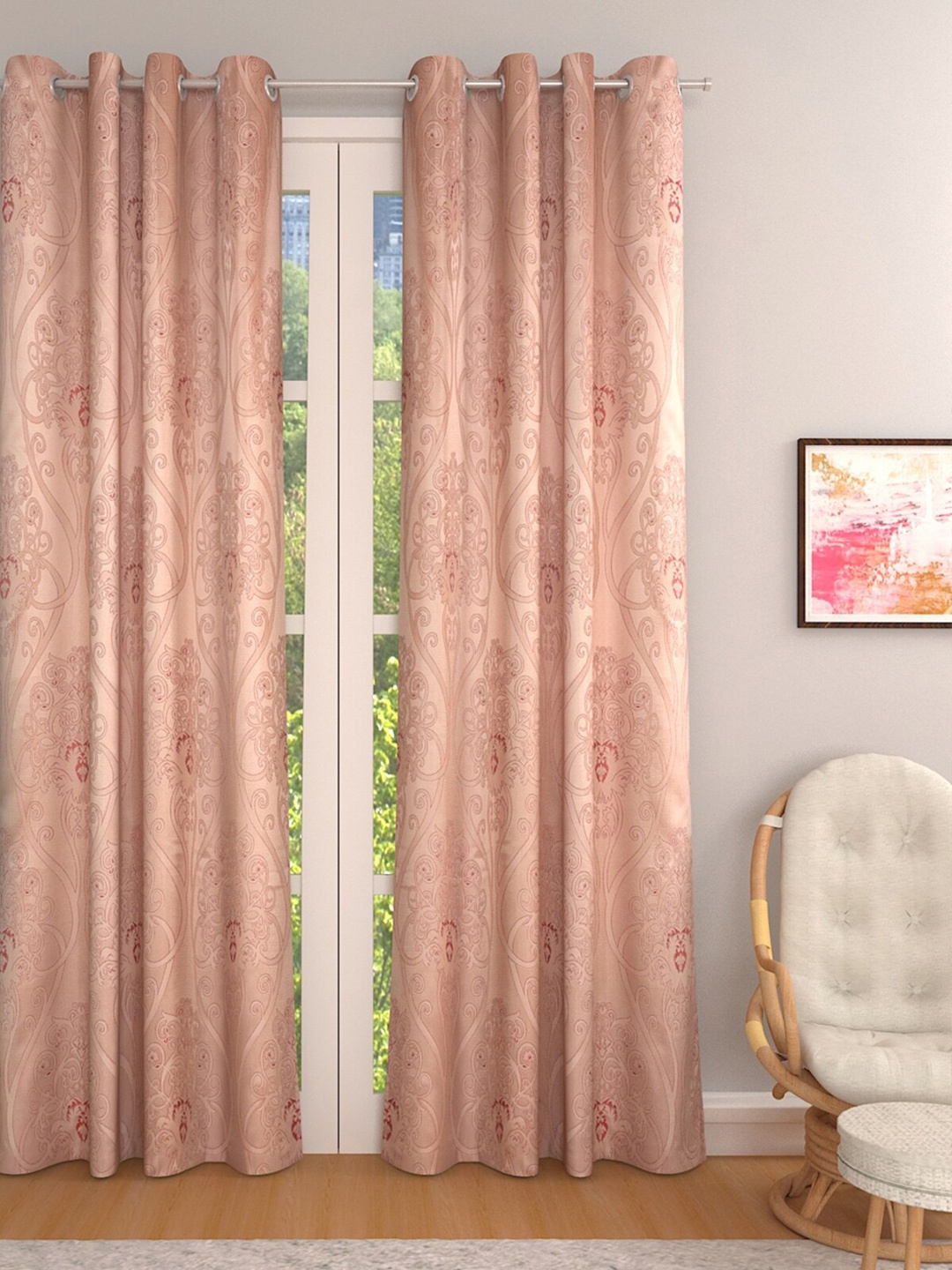 ROMEE Beige & Red Set of 2 Room Darkening Door Curtains