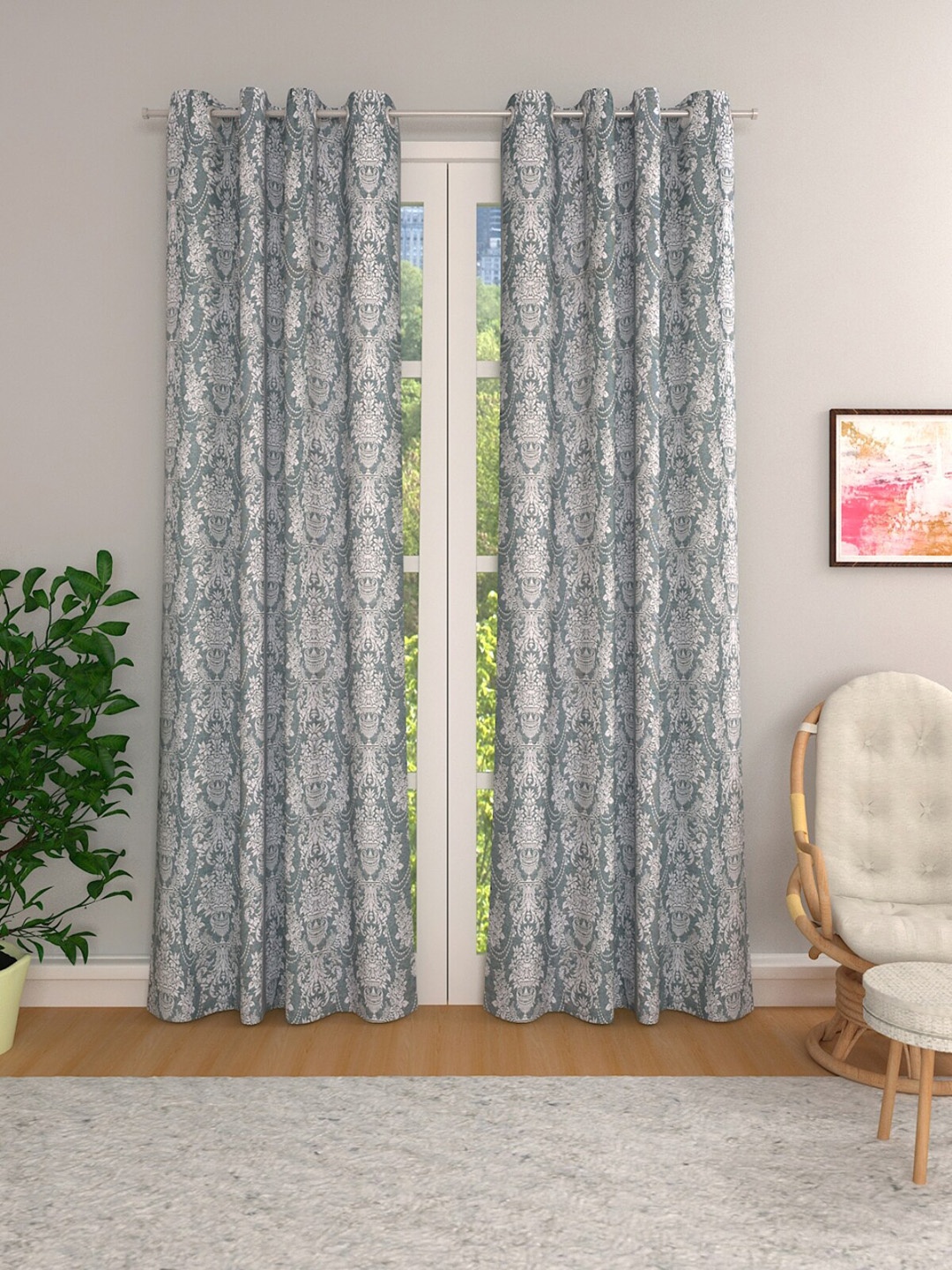 

ROMEE Off-White & Blue Set of 2 Room Darkening Door Curtains