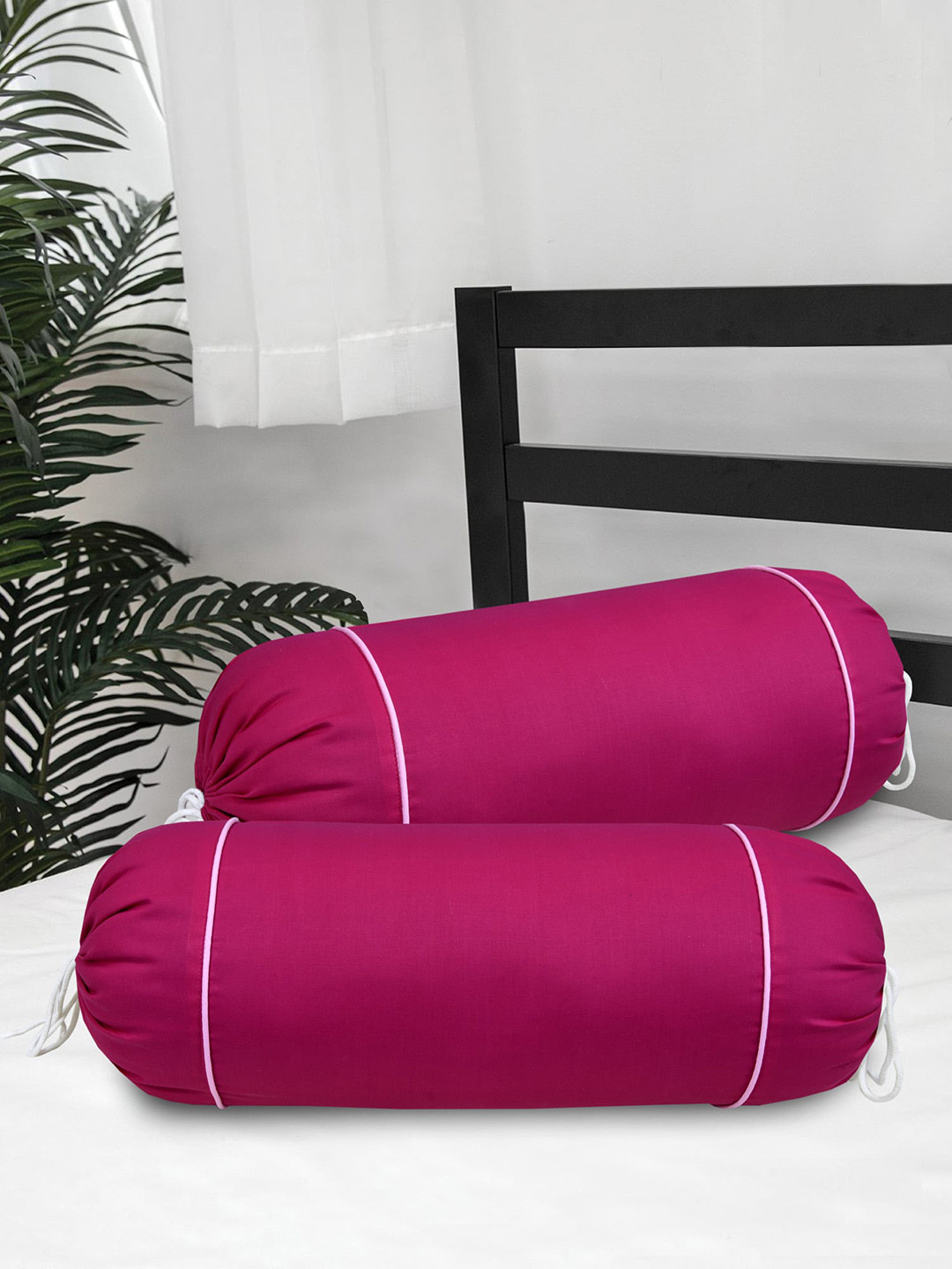 

Clasiko Set Of 2 Magenta Pink & White Solid Bolster Covers