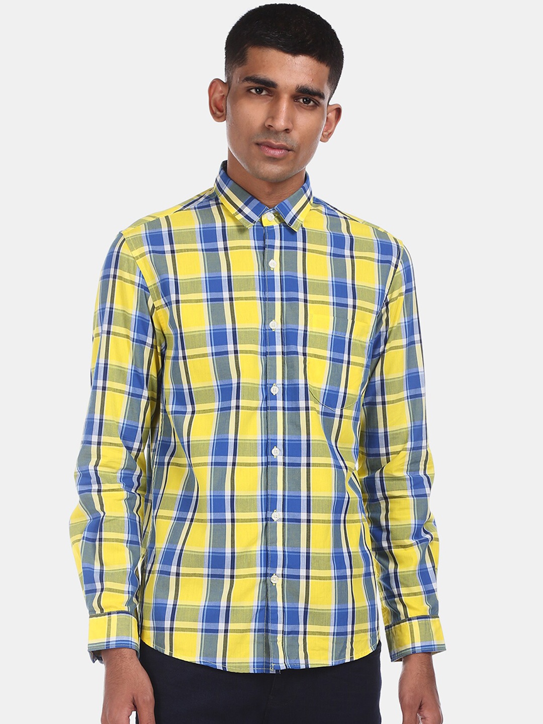 

Ruggers Men Yellow & Blue Regular Fit Checked Cotton Casual Shirt