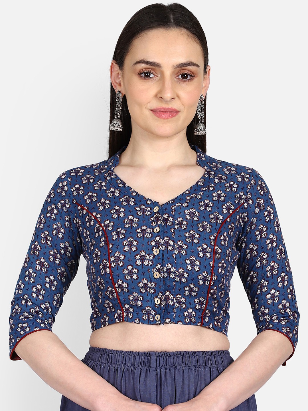 

THE WEAVE TRAVELLER Women Blue & White Printed Ajrakh Sustainable Saree Blouse