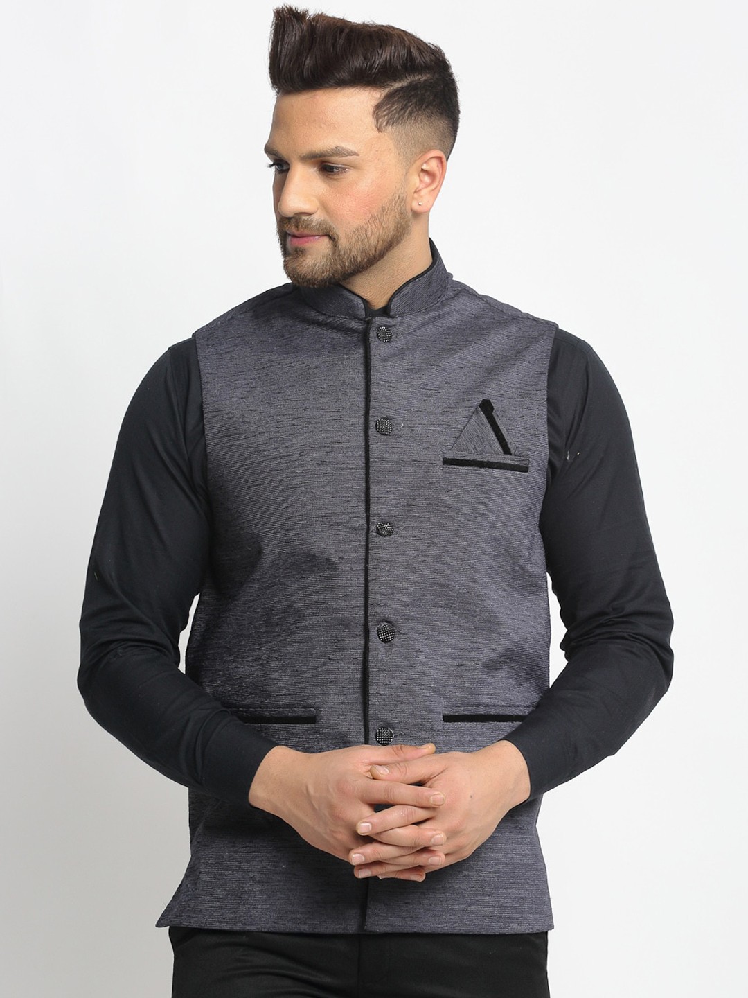 

Jompers Men's Grey Solid Waistcoat with Pocket square