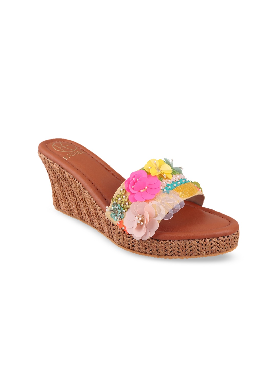 

KALTHEOS Women Tan & Pink Printed Wedges