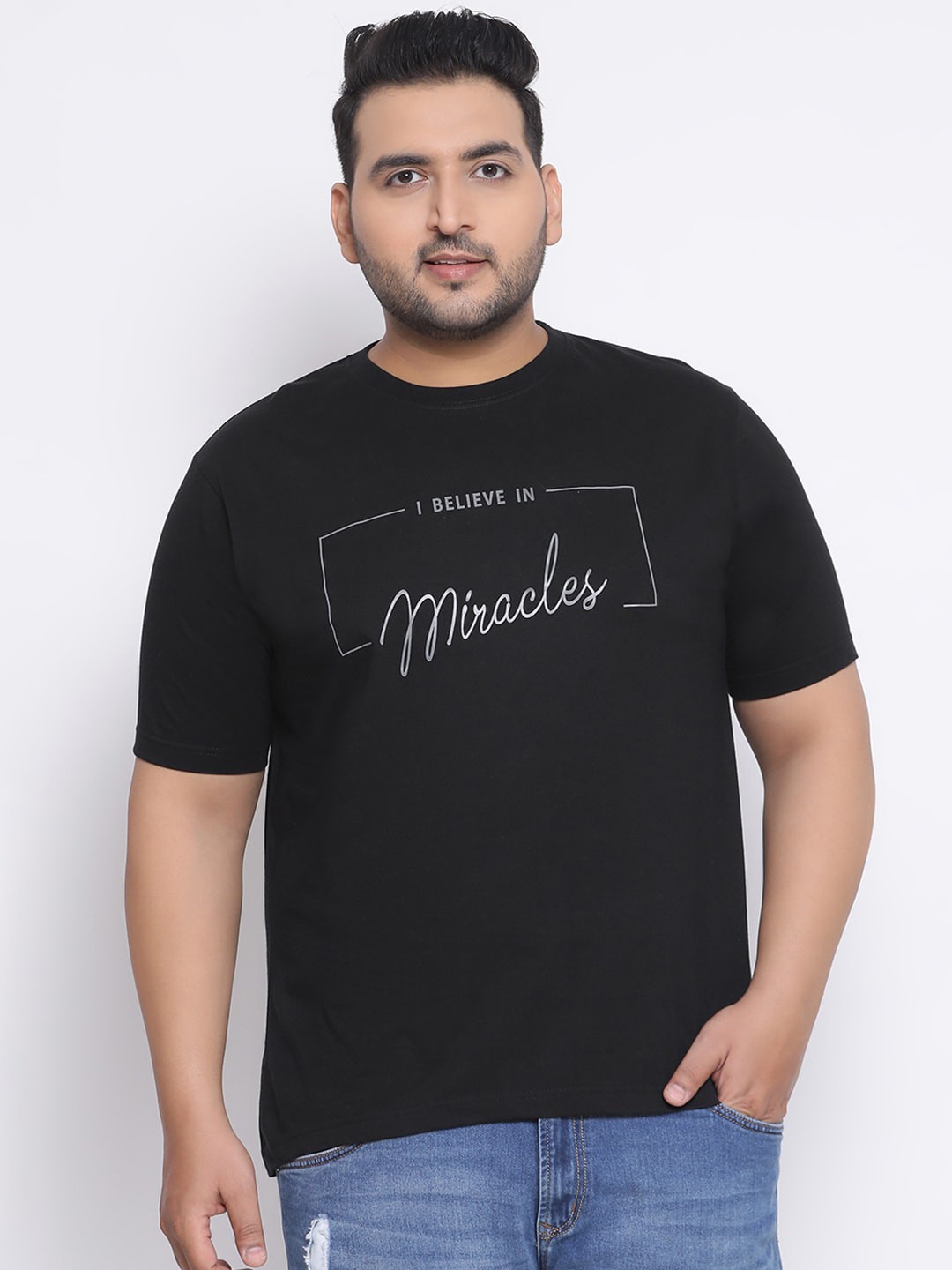 

YOLOCLAN Plus Size Men Black Printed Round Neck T-shirt