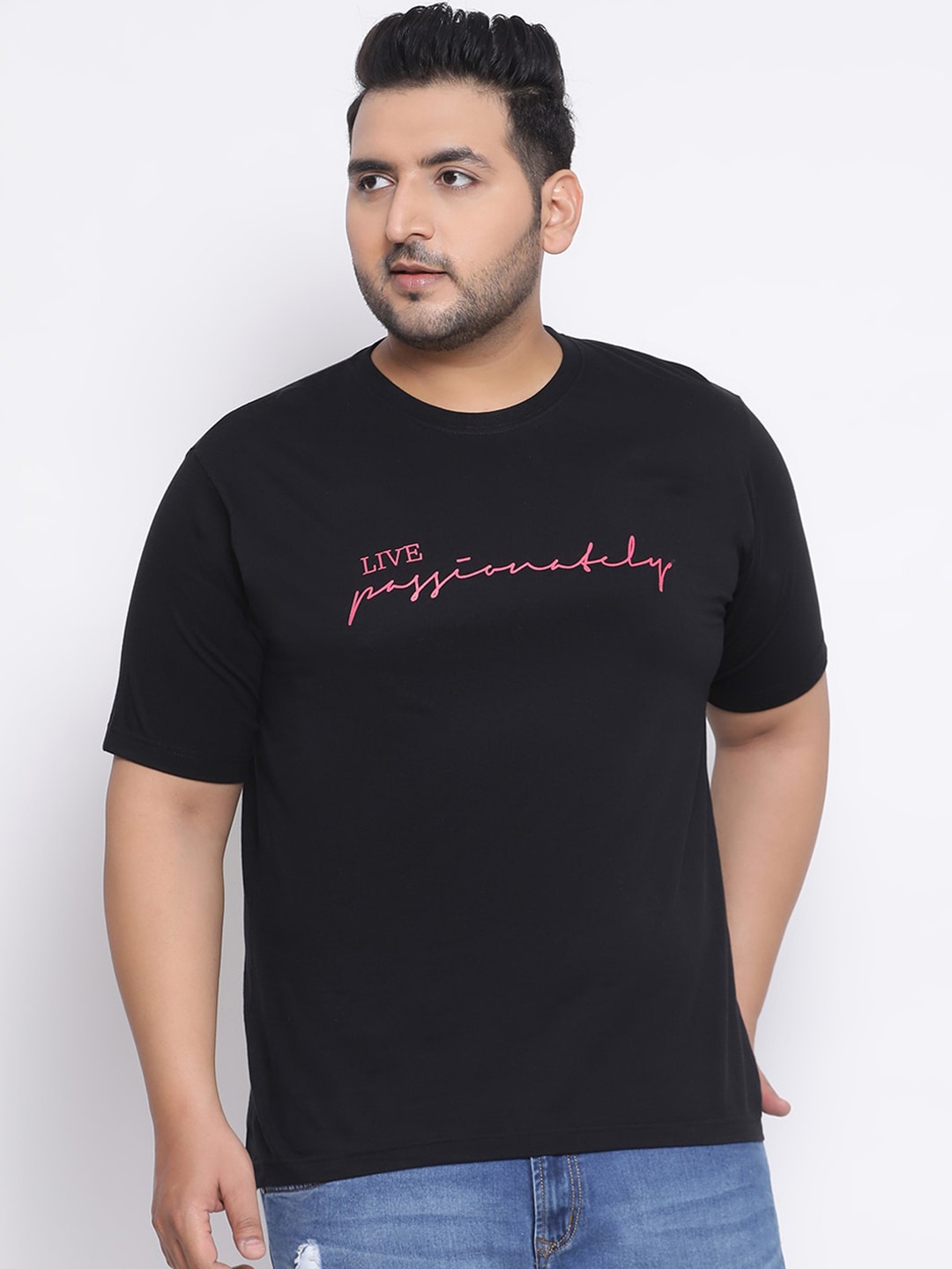 

YOLOCLAN Plus Size Men Black Printed Round Neck T-shirt