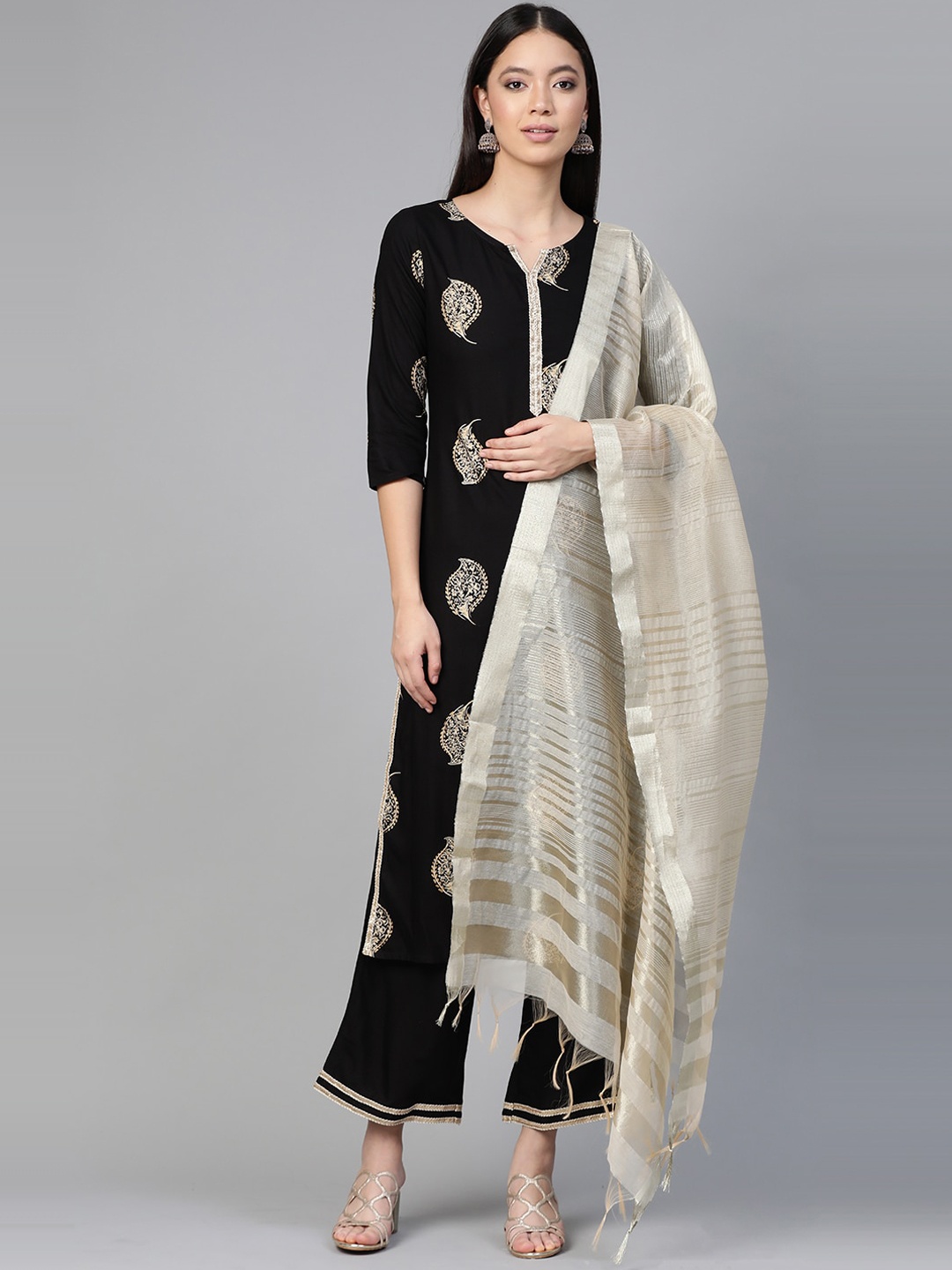 

Indo Era Women Black Printed Kurta with Palazzos & Dupatta