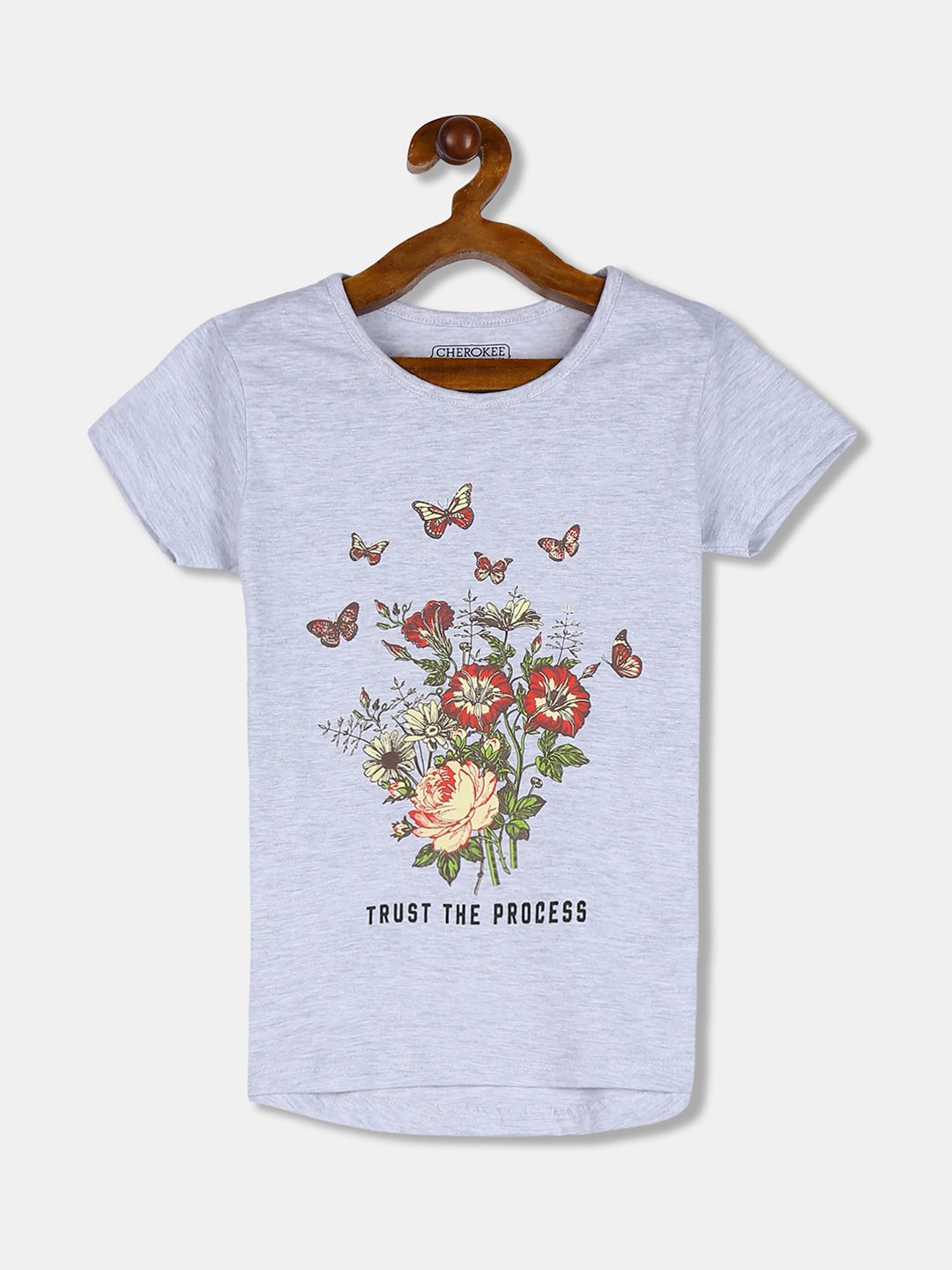 

Cherokee Girls Grey Melange Printed Round Neck T-shirt