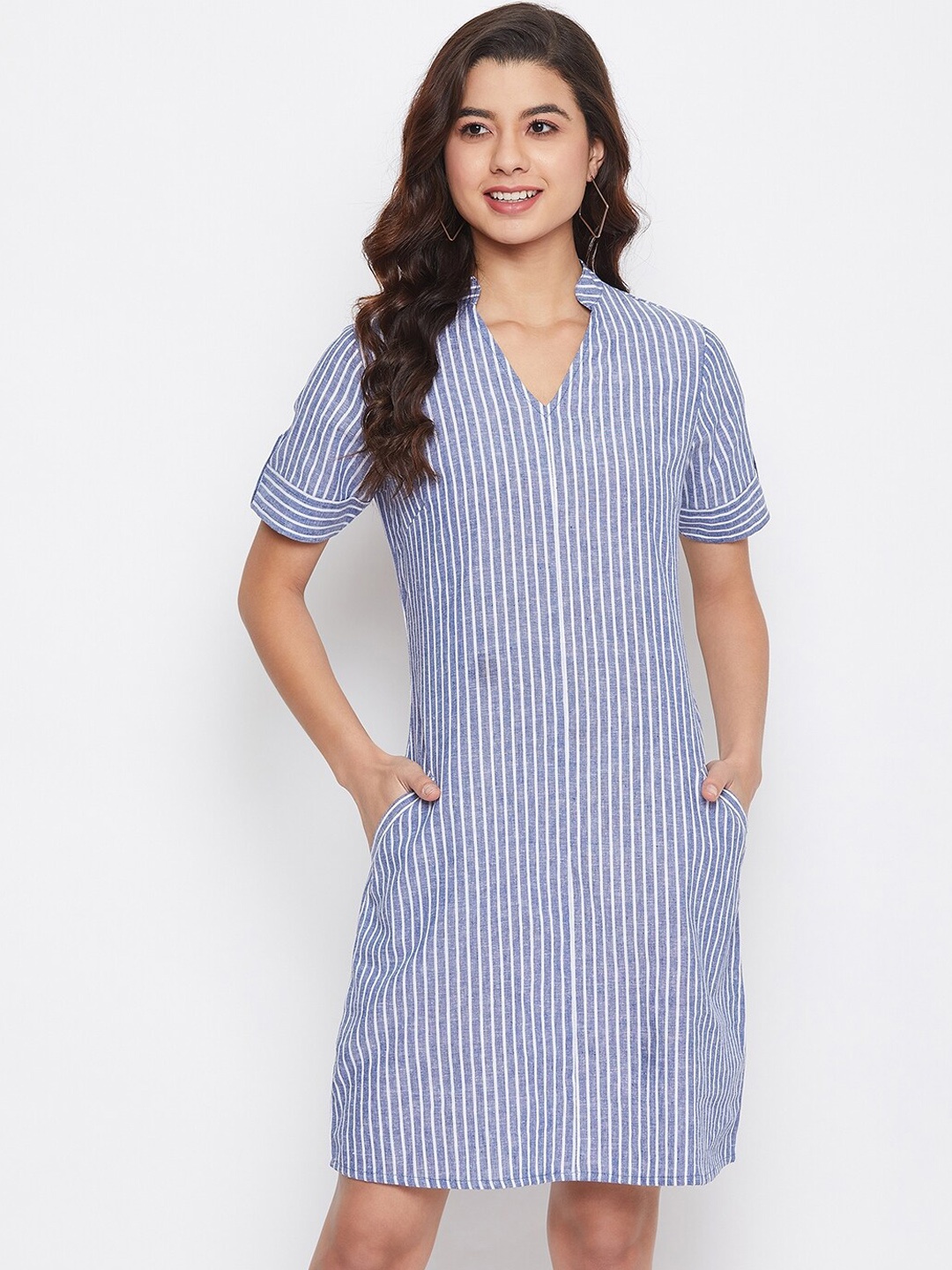 

Imfashini Women Blue Striped Wrap Dress