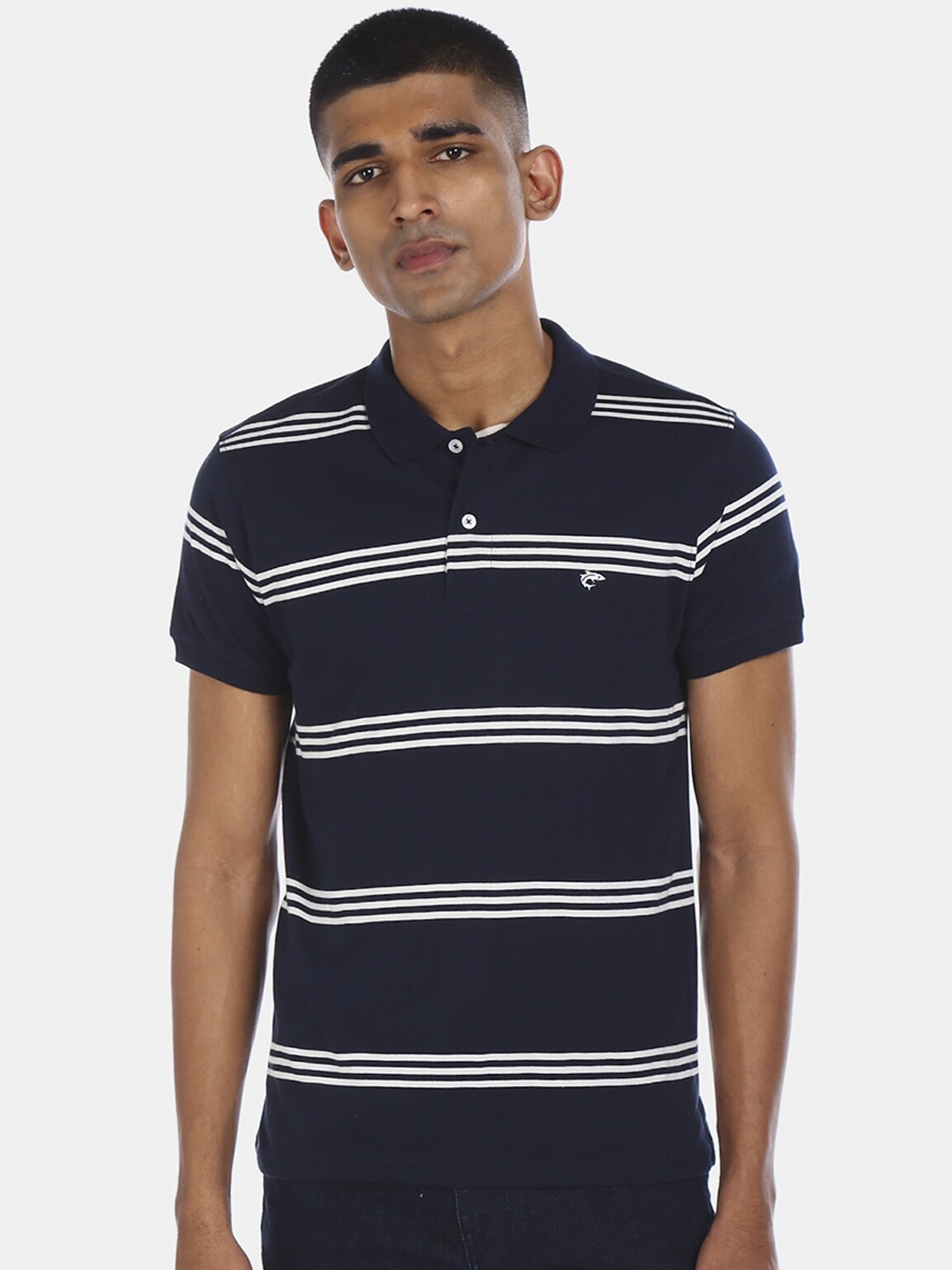 

Ruggers Men Navy Blue Striped Polo Collar T-shirt