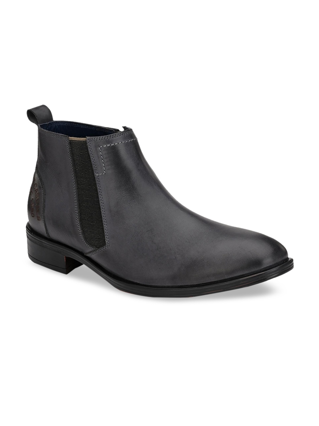 Hitz Men Charcoal Solid Leather Mid-Top Flat Boots