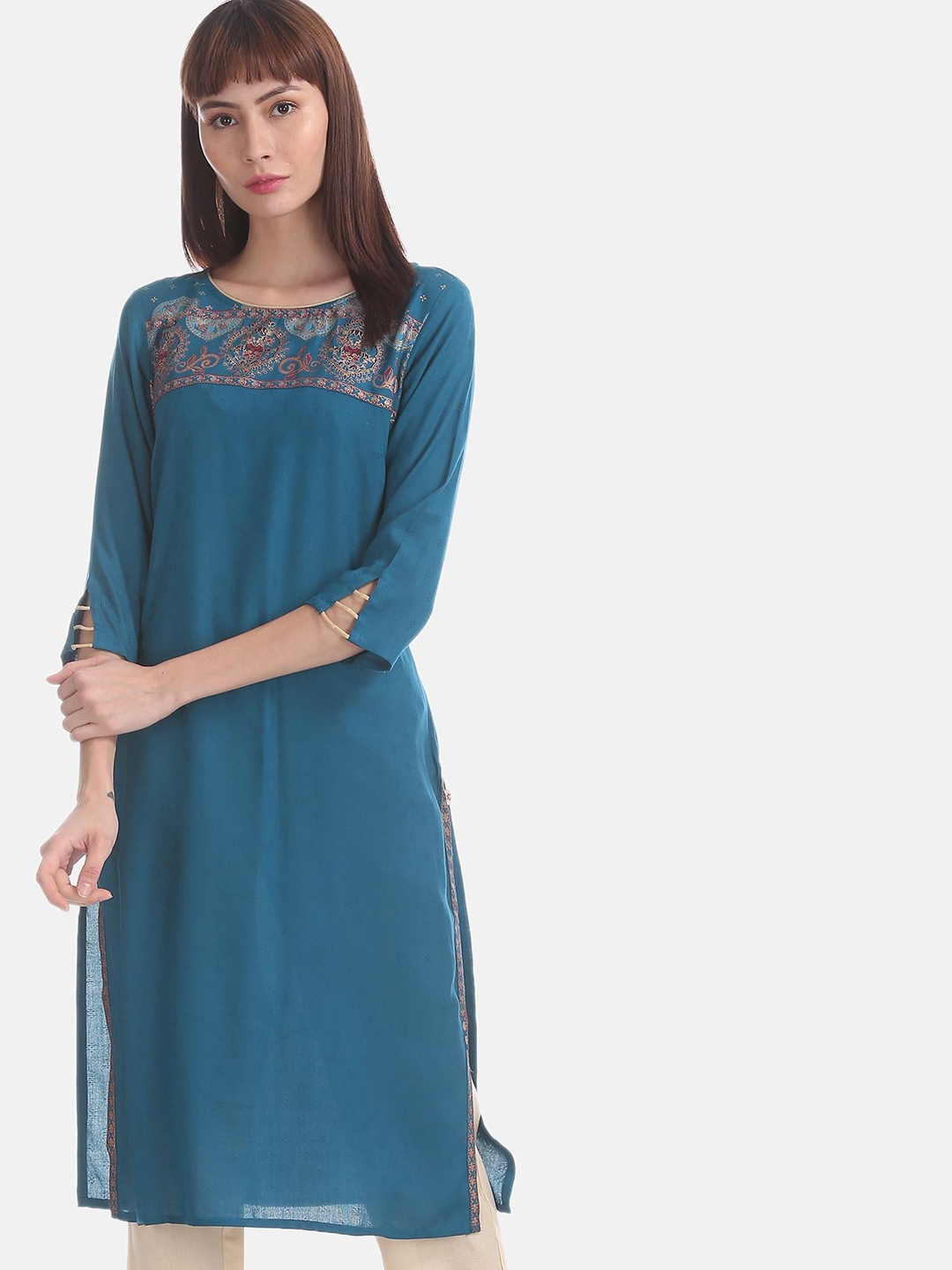 

Karigari Women Teal Yoke Design Straight Kurta