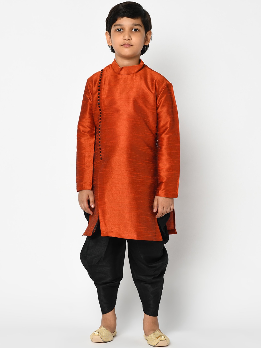 

DEYANN Boys Orange & Black Solid Kurta with Dhoti Pants & Dupatta