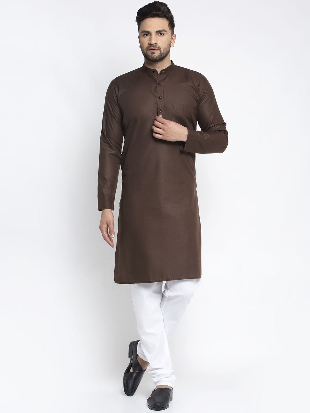 Jompers Men Coffee Brown & White Solid Kurta with Pyjamas
