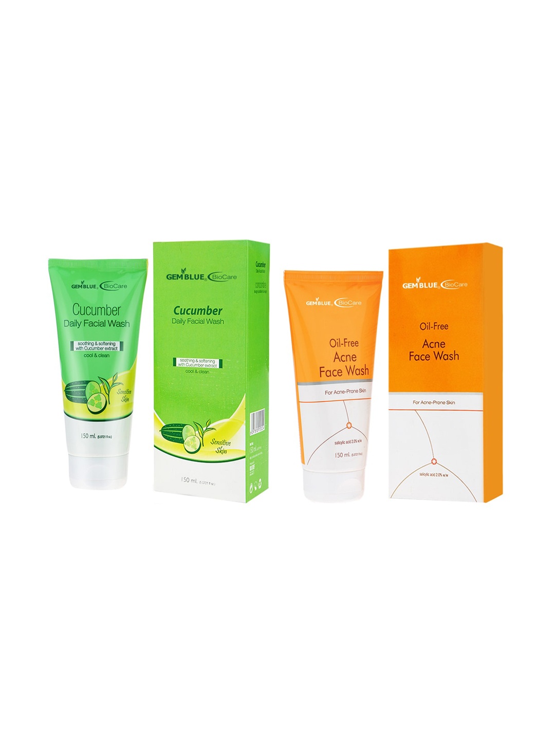 

GEMBLUE BioCare Unisex Oil Free Acne And Cucumber Daily Face Wash 150 ml Each Combo of 2, Green