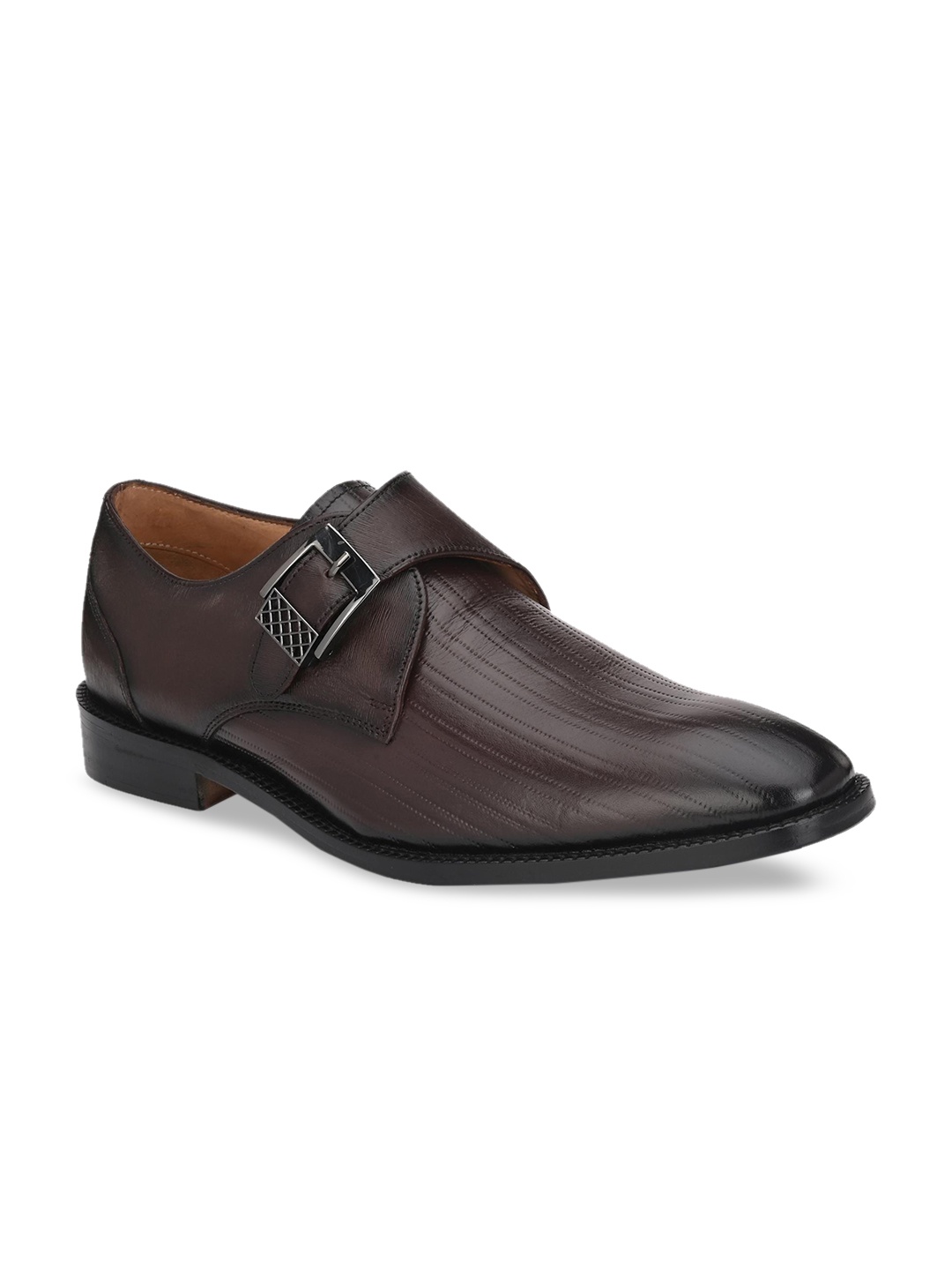 

Hitz Men Brown Textured Leather Formal Monk Shoes