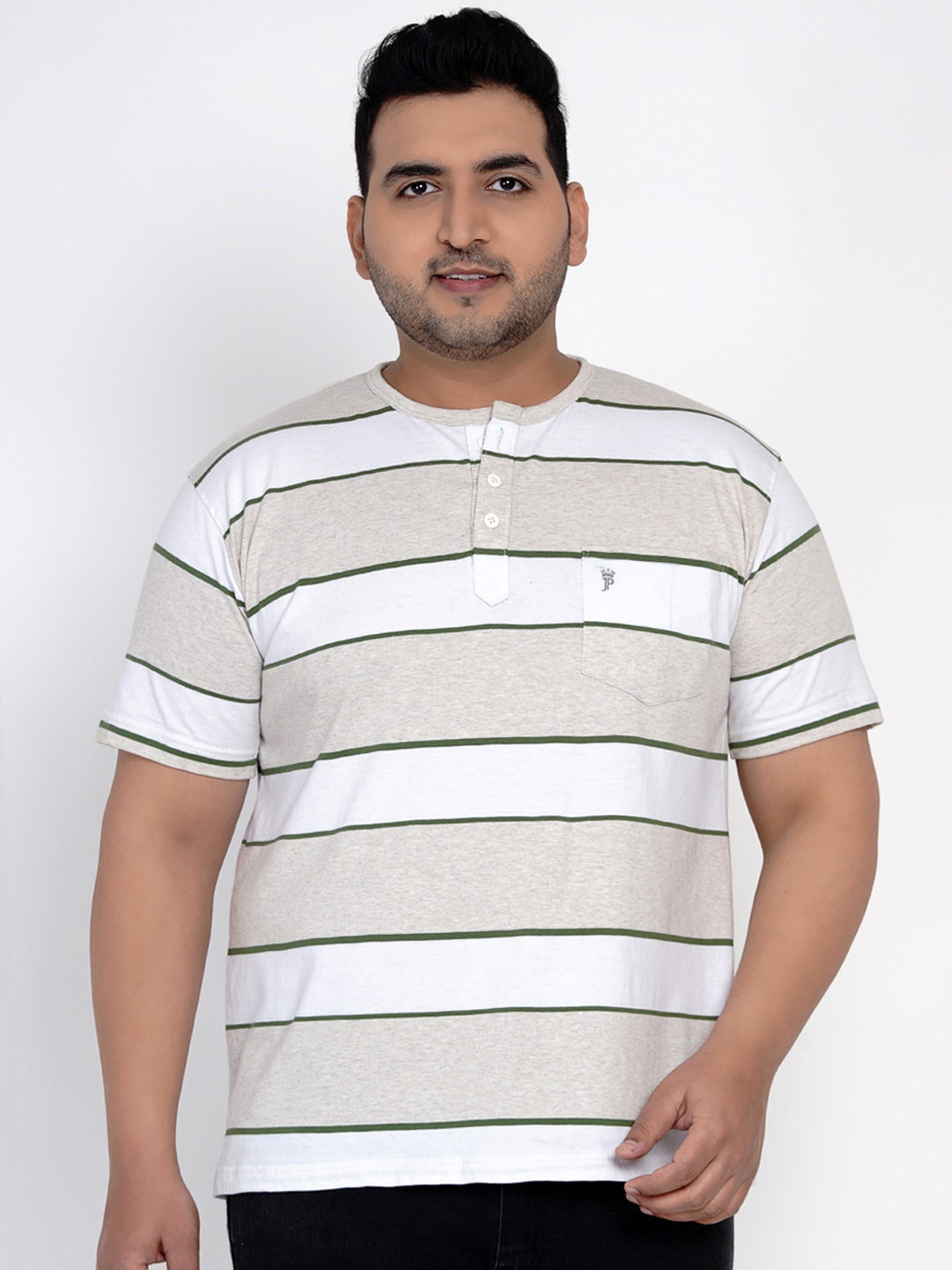 John Pride Men White & Beige Striped Henley Neck T-shirt