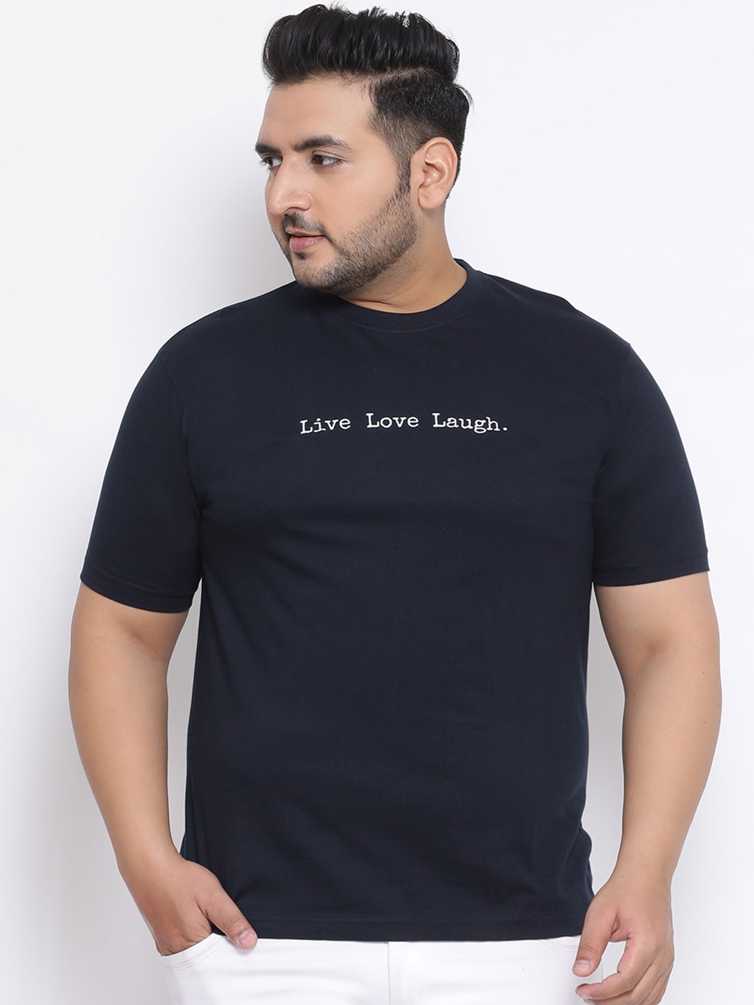 

YOLOCLAN Plus Size Men Navy Blue Live Love Laugh Printed Round Neck T-shirt