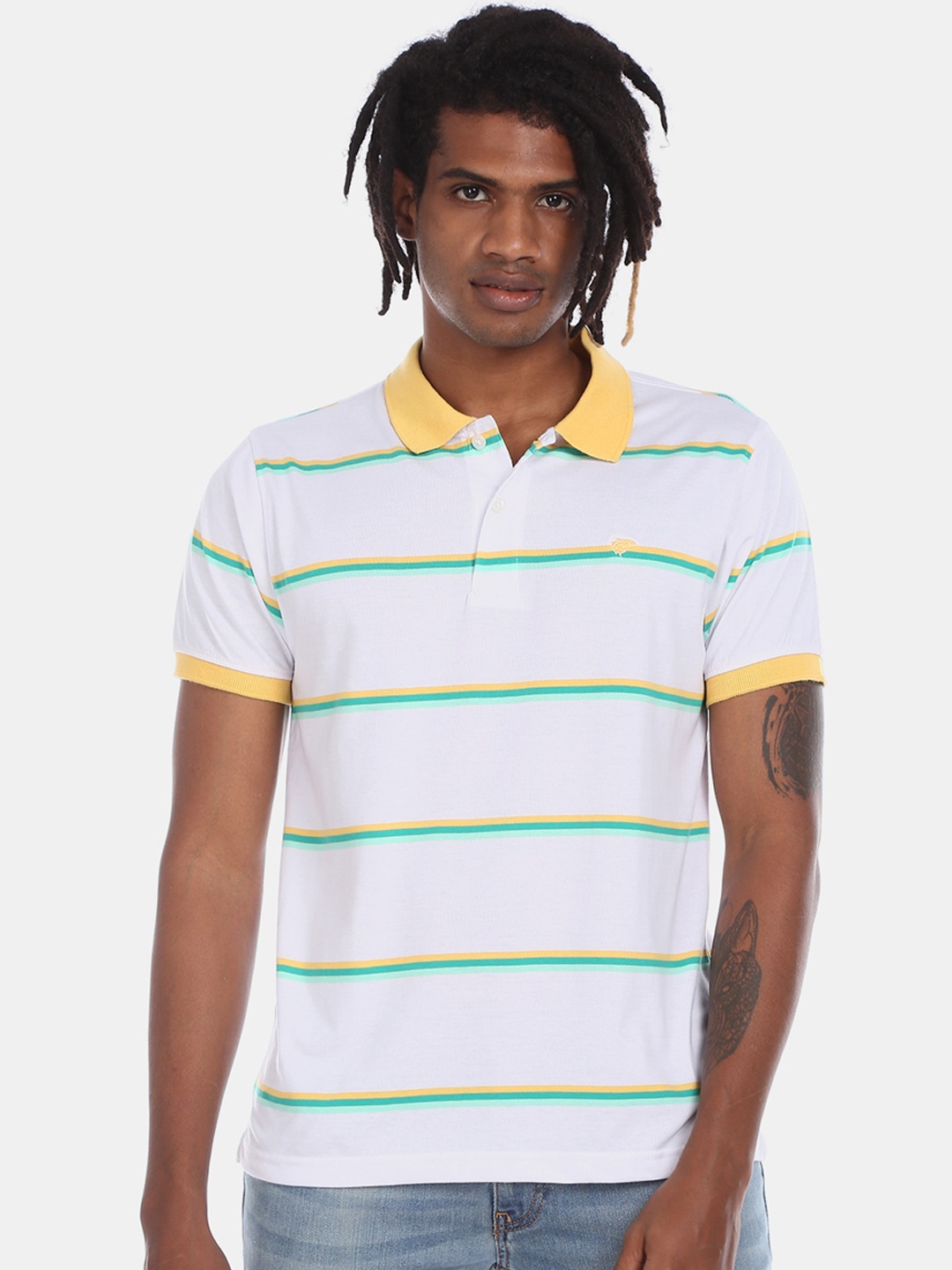 

Ruggers Men White & Green Striped Polo Collar T-shirt