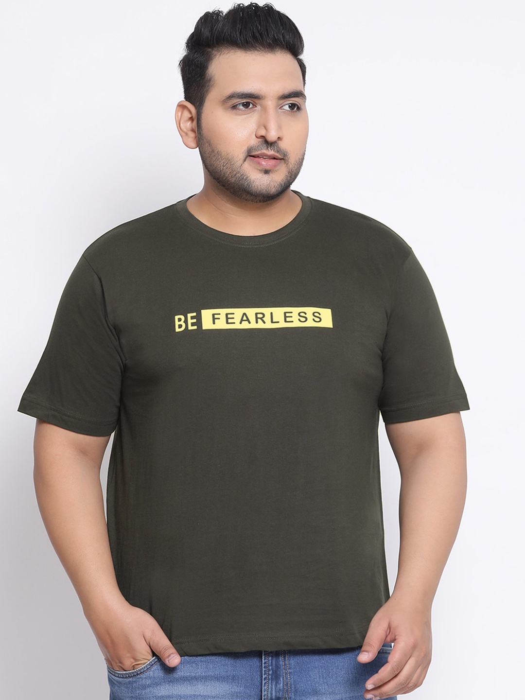 

YOLOCLAN Plus Size Men Olive Green Printed Round Neck T-shirt