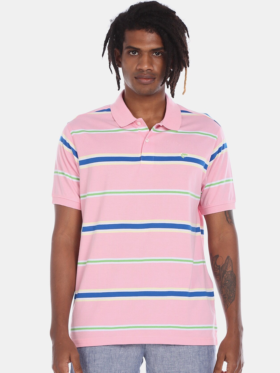 Ruggers Men Pink Striped Polo Collar T-shirt