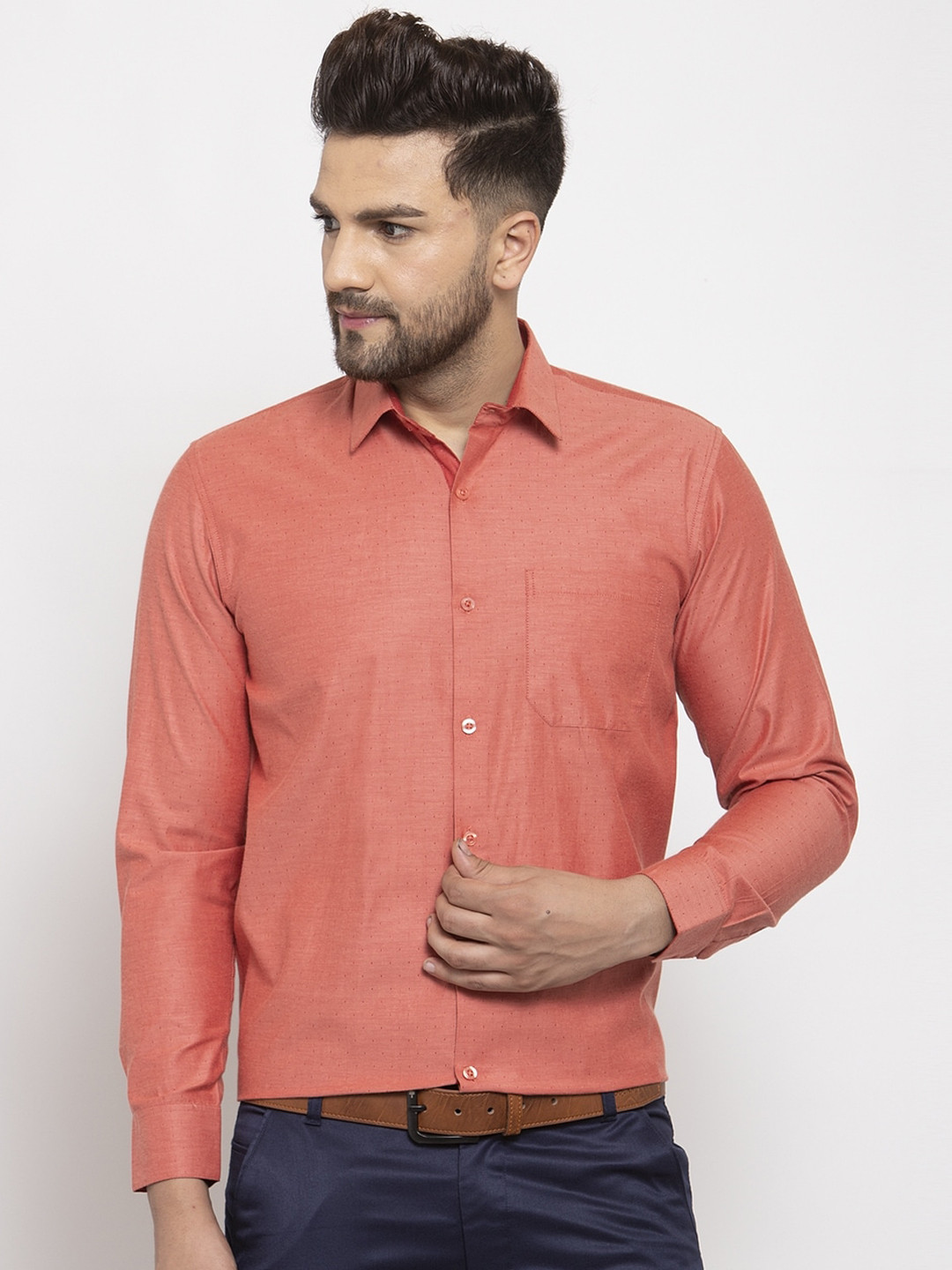 

JAINISH Men Orange Regular Fit Self Design Formal Shirt