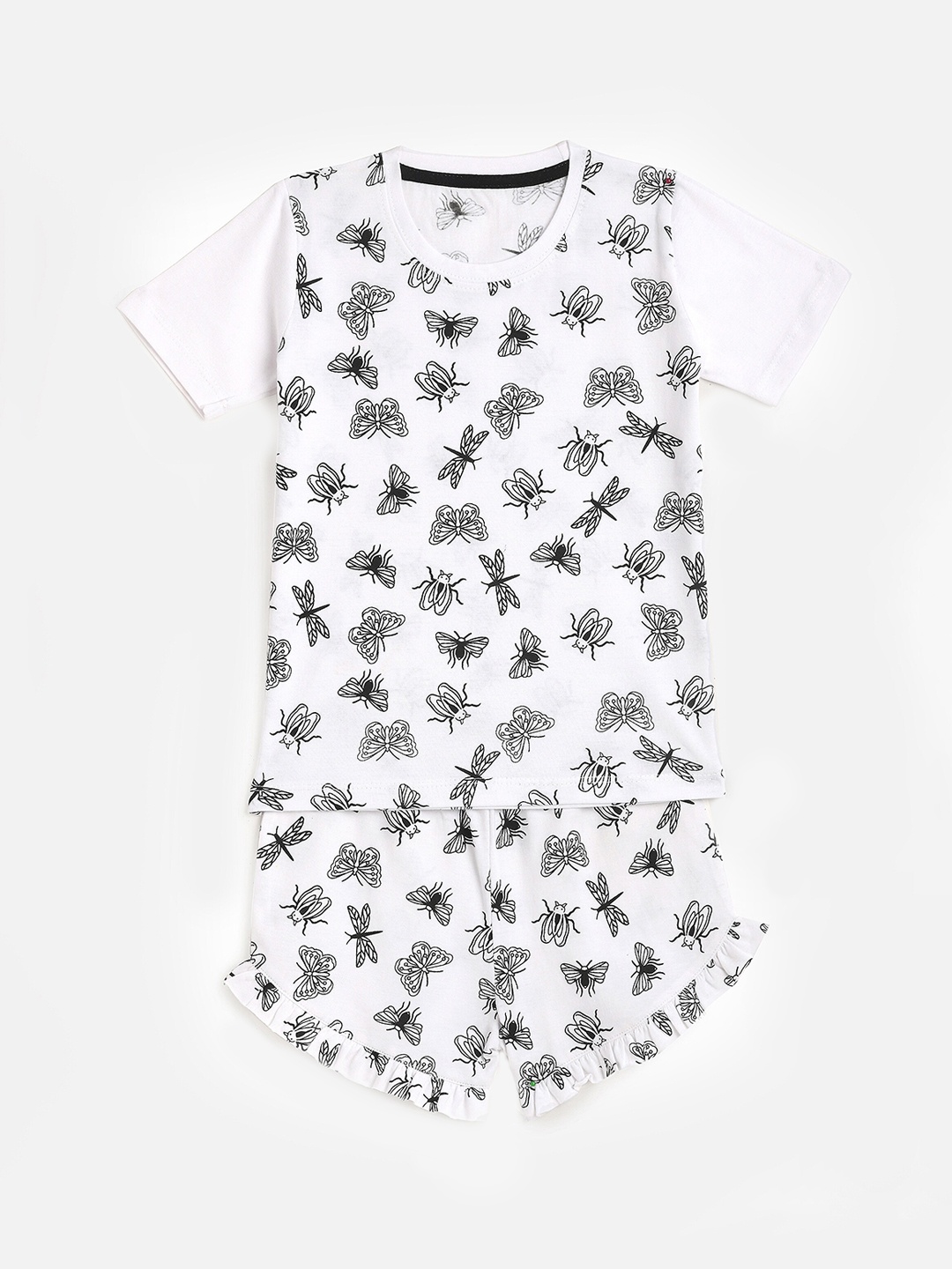 

KIDSCRAFT Girls White & Black Printed T-shirt with Shorts