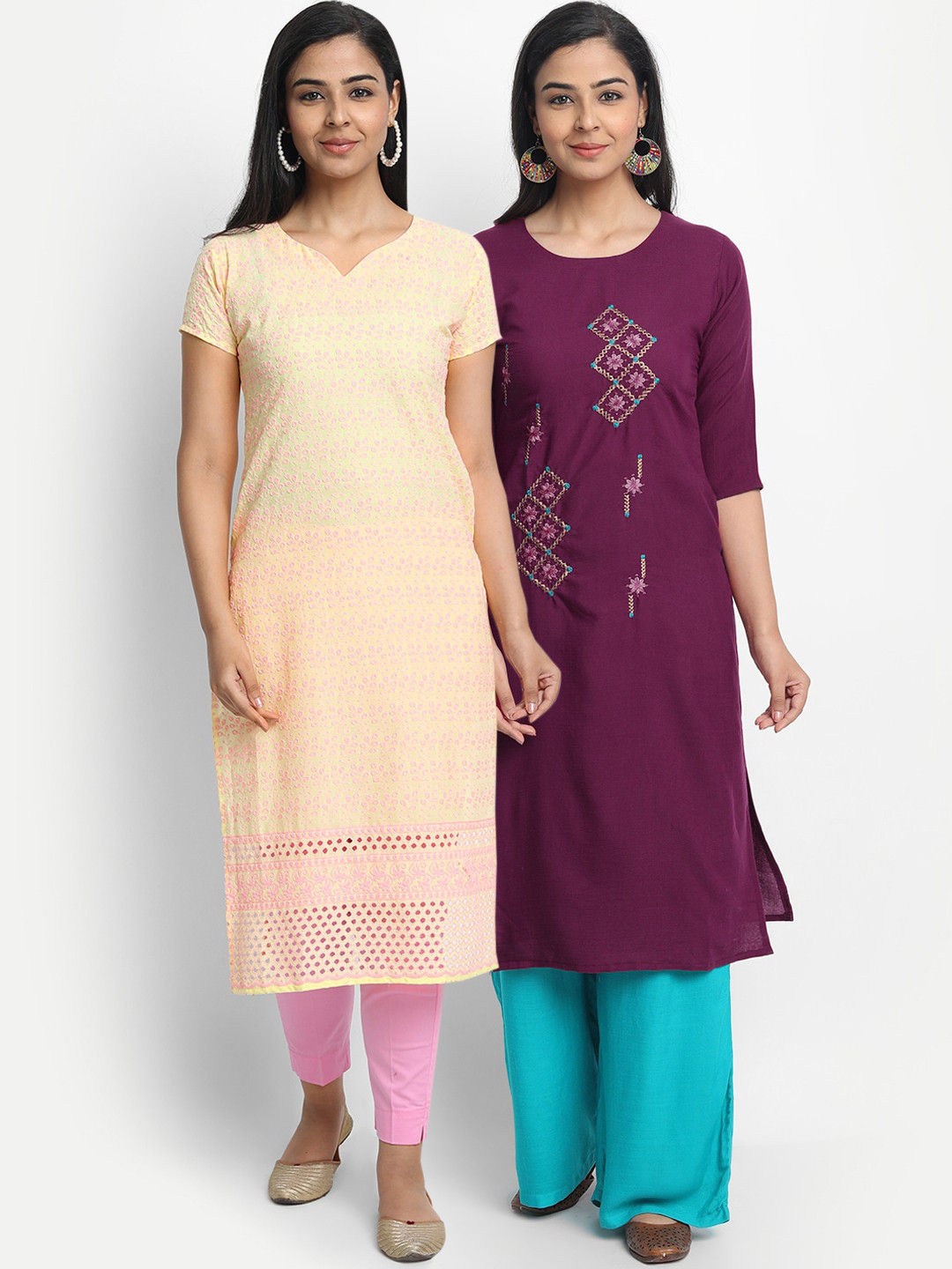 

7Threads Women Multicoloured Pack of 2 Floral Embroidered Thread Work Kurta, Multi