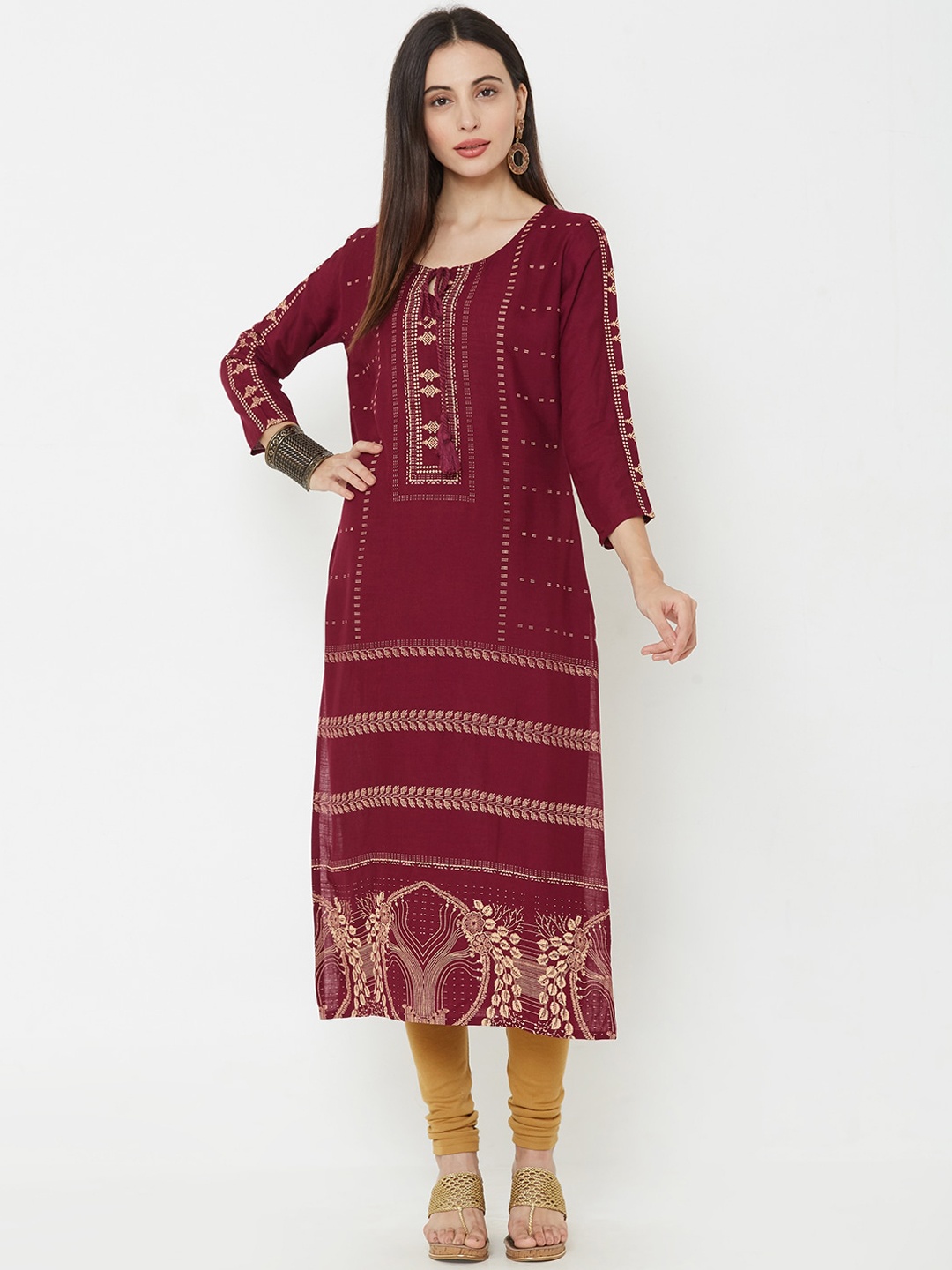 FASHOR Women Maroon Printed Kantha Work Kurta